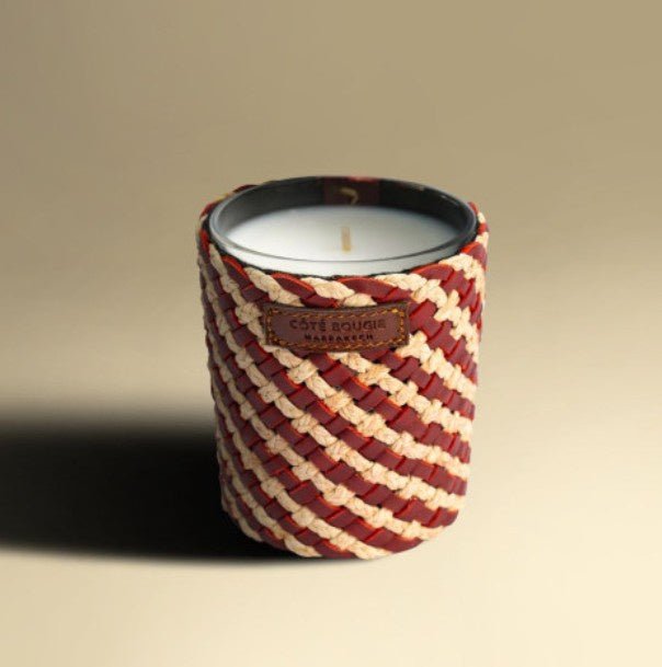 Raphia and Leather Rose candle in jar dressed in handwoven raffia and leather, rose oudh scent