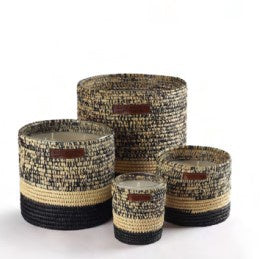 Raphia Mogador Orange Blossom candles in natural and black raffia, three sizes, orange blossom scent