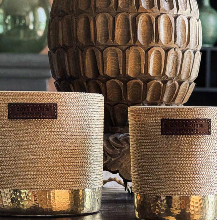 Sabra Gold Pine Forest candle in gold cactus silk with hammered brass base, pine and cypress scent