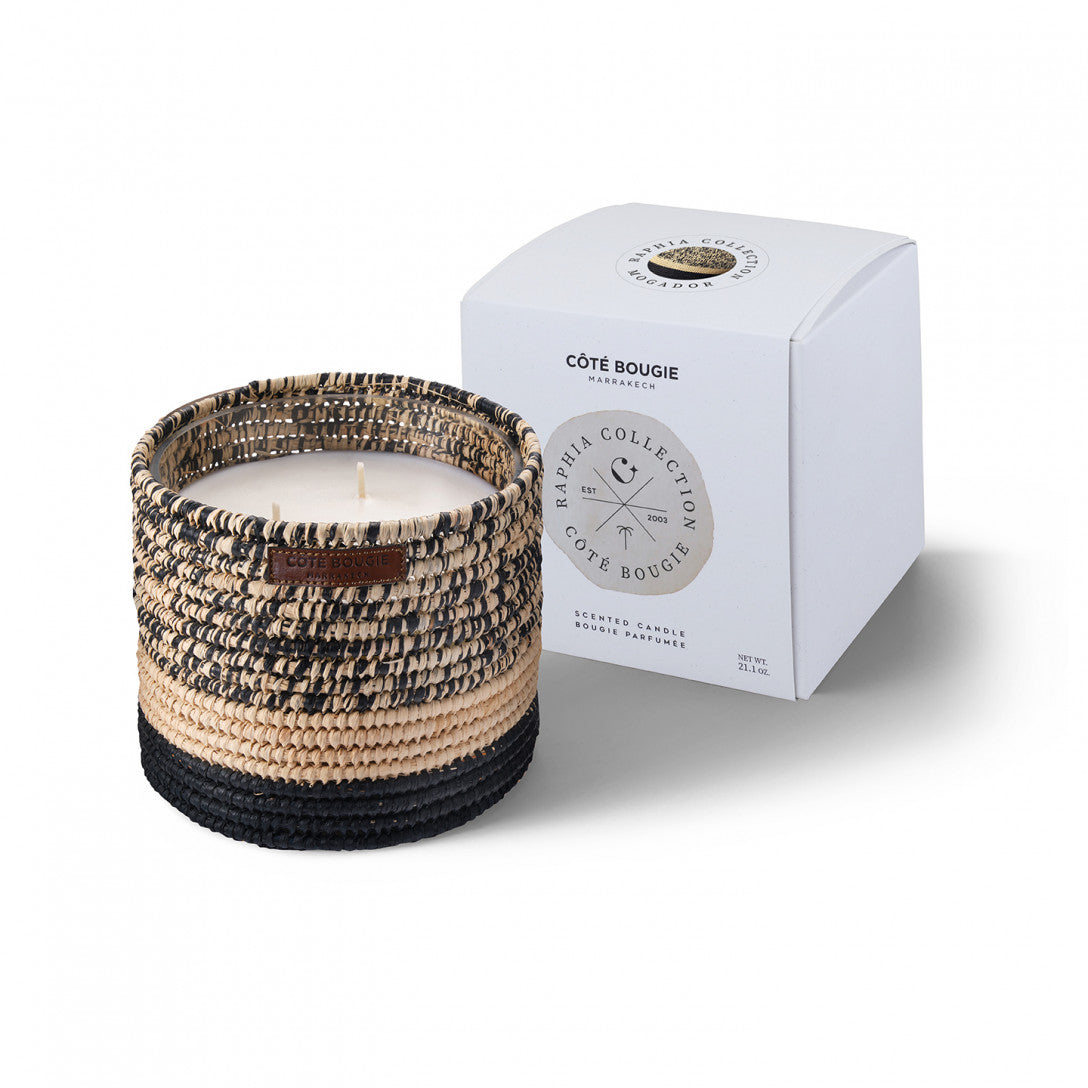 Raphia Mogador Orange Blossom medium candle, natural and black raffia, detail