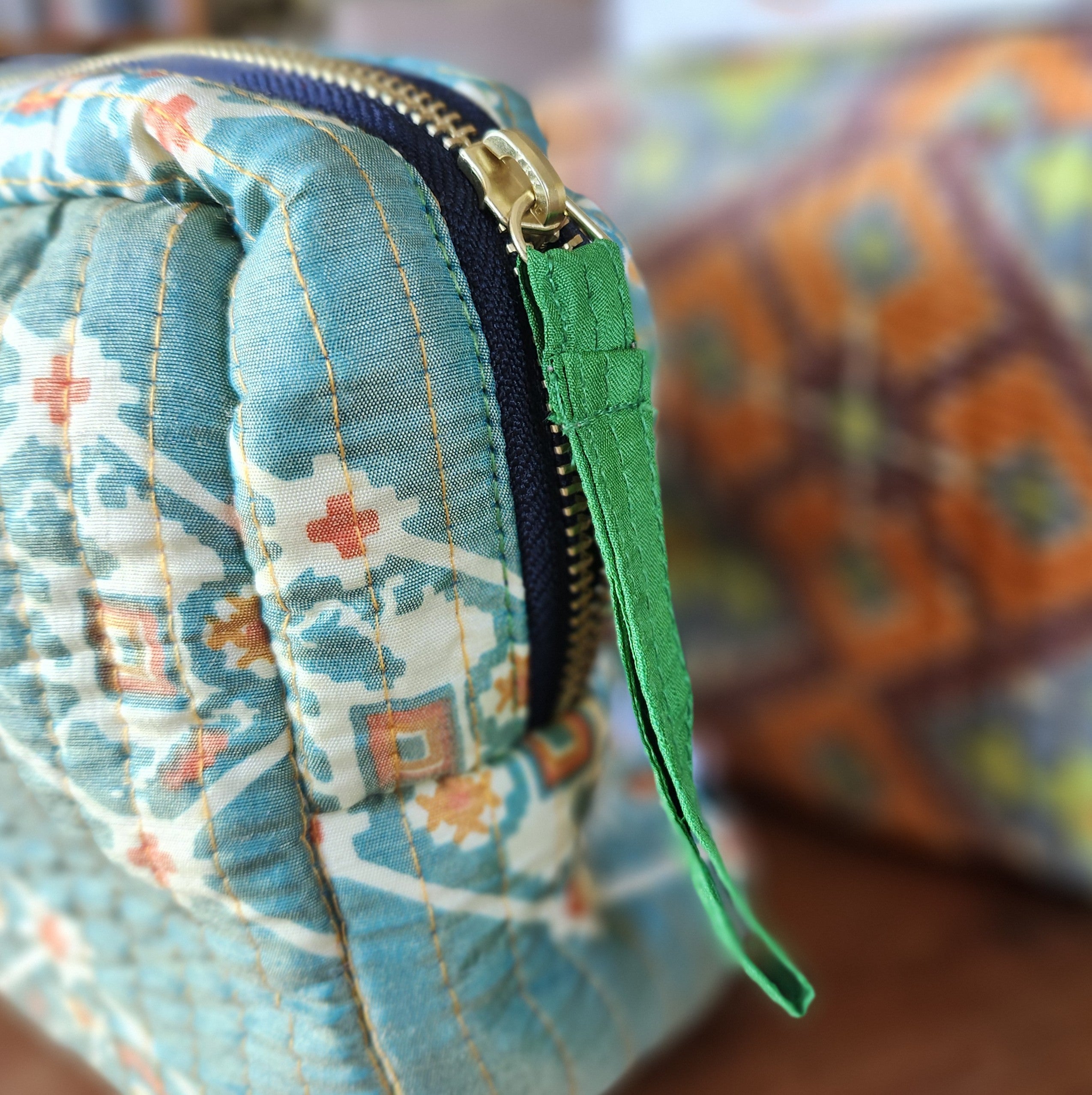 Upcycled silk sari cosmetic bag, silk lining detail