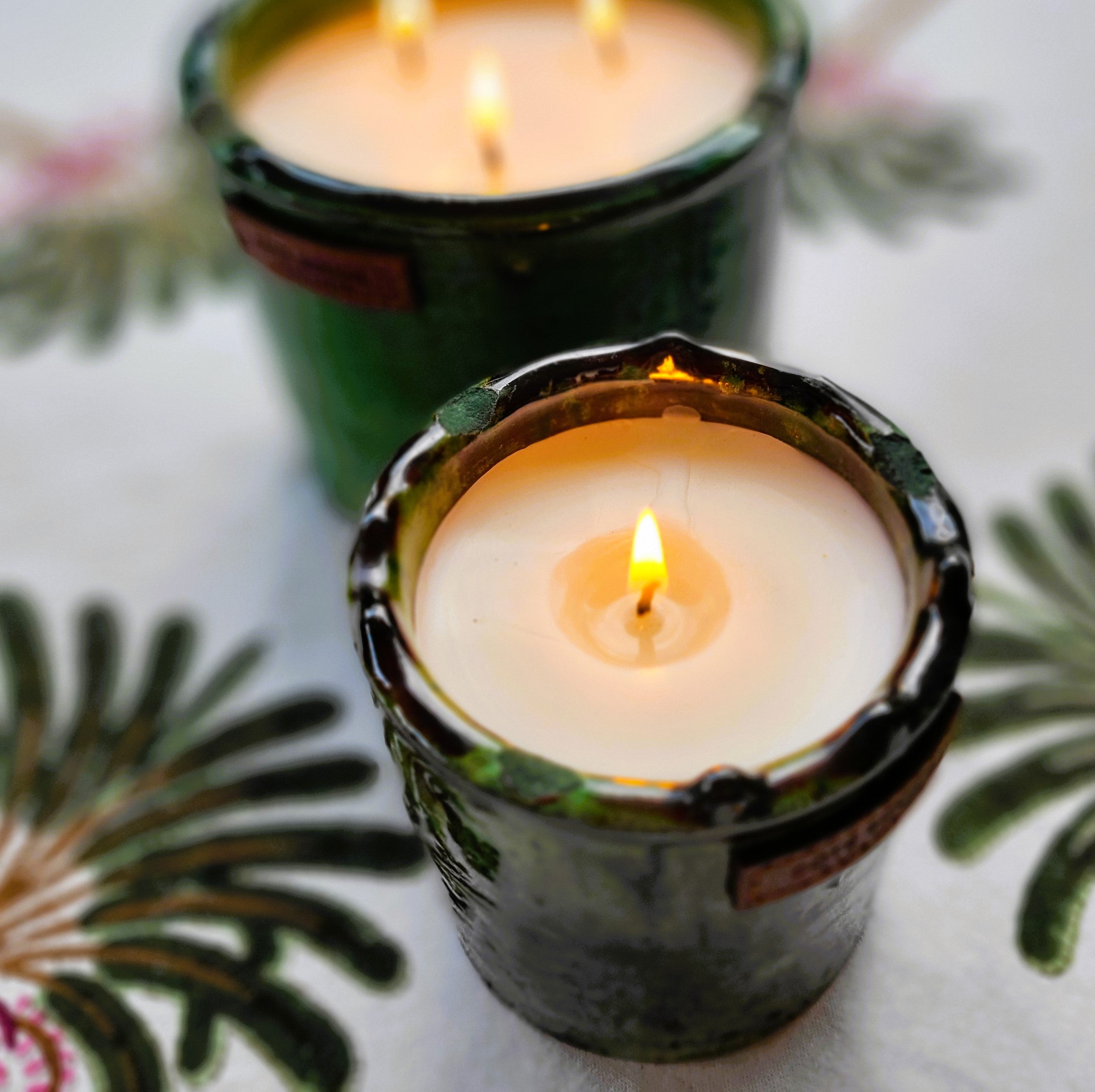 Tamegroute Mint and Tea candle in green-enamel Moroccan pottery, mint and green tea scent
