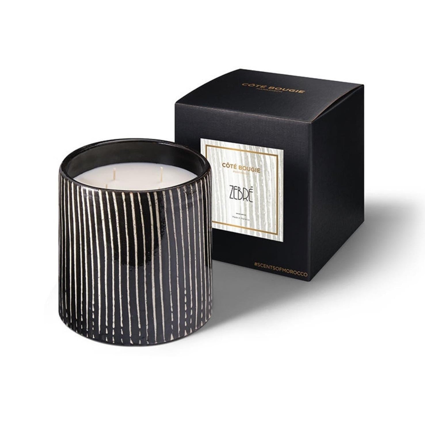 Zebra Mandarin Majorelle large candle, black and white striped pot, detail