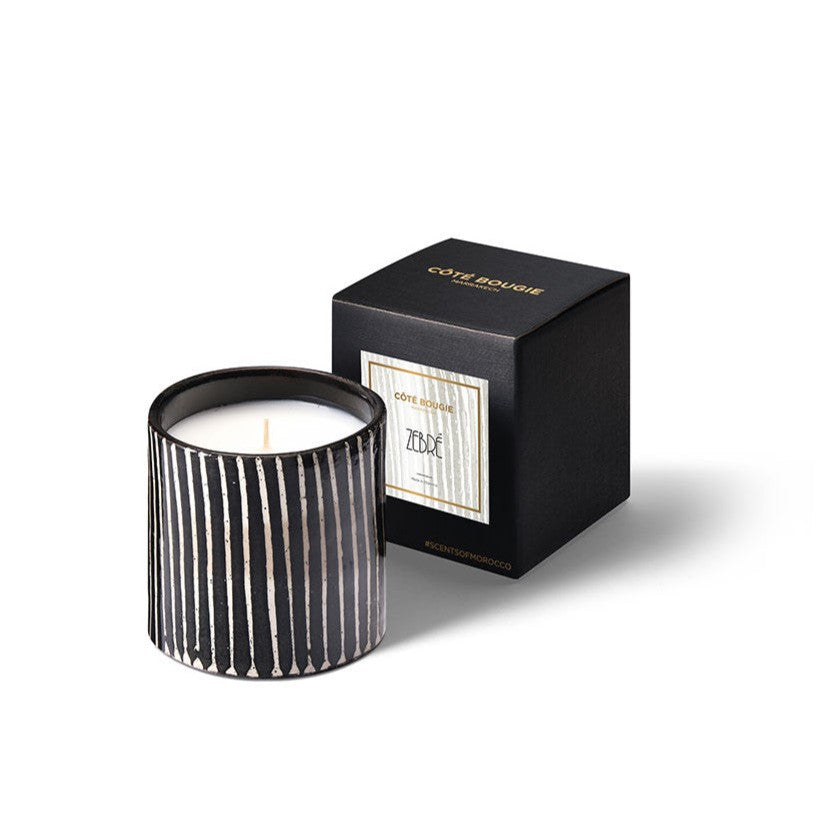 Zebra Mandarin Majorelle small candle, zebra-stripe ceramic pot, detail