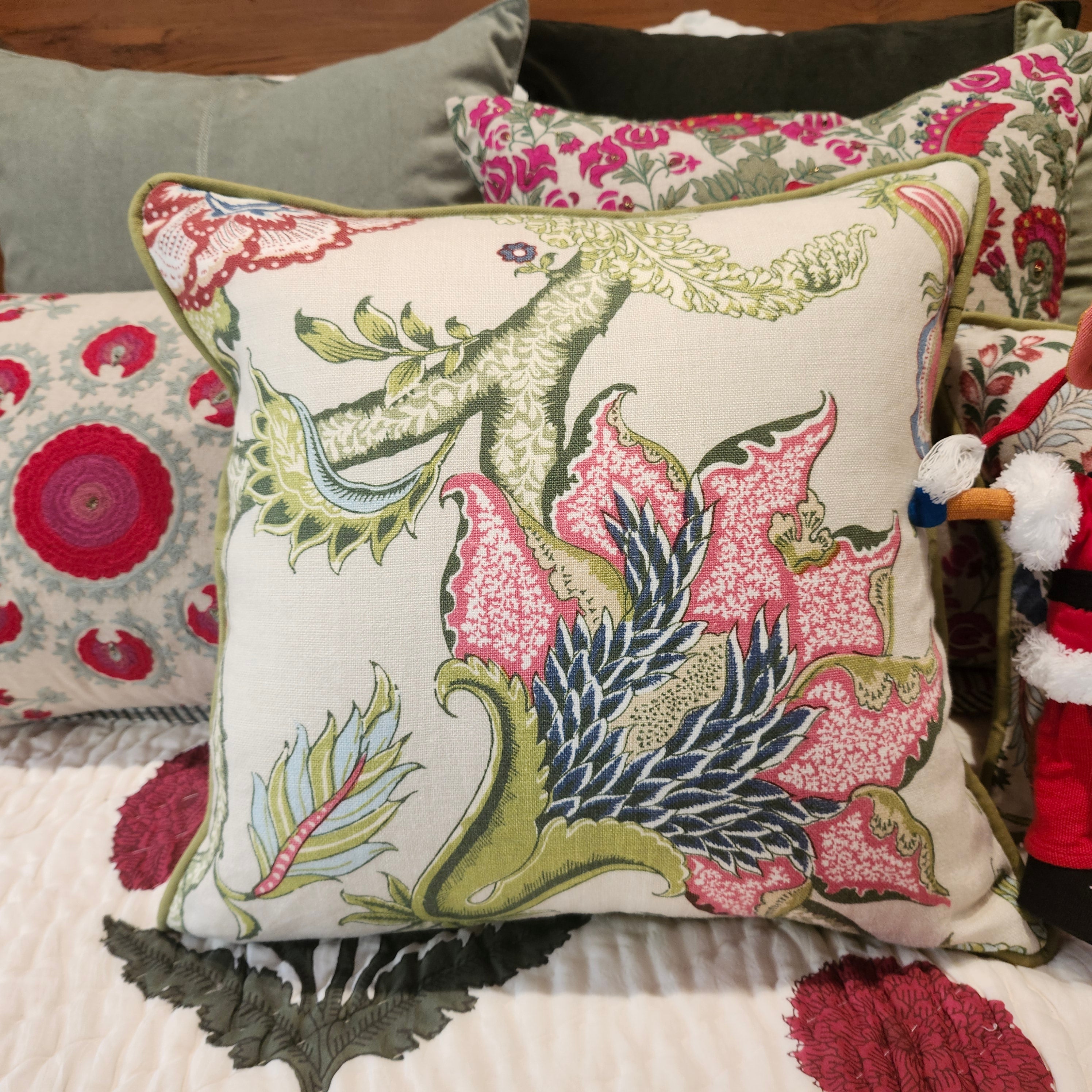 Seraphine linen cushion with an antique-inspired floral print