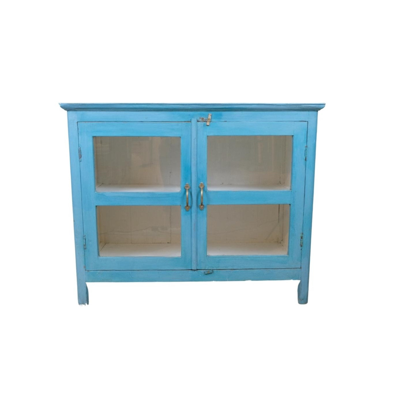Vintage teak low cabinet painted turquoise with glass doors, white inside, 77 x 97cm
