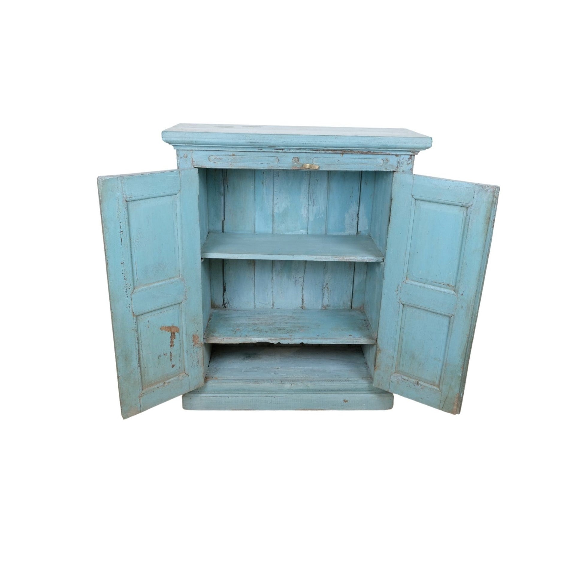 Vintage turquoise teak cabinet, detailed door woodwork