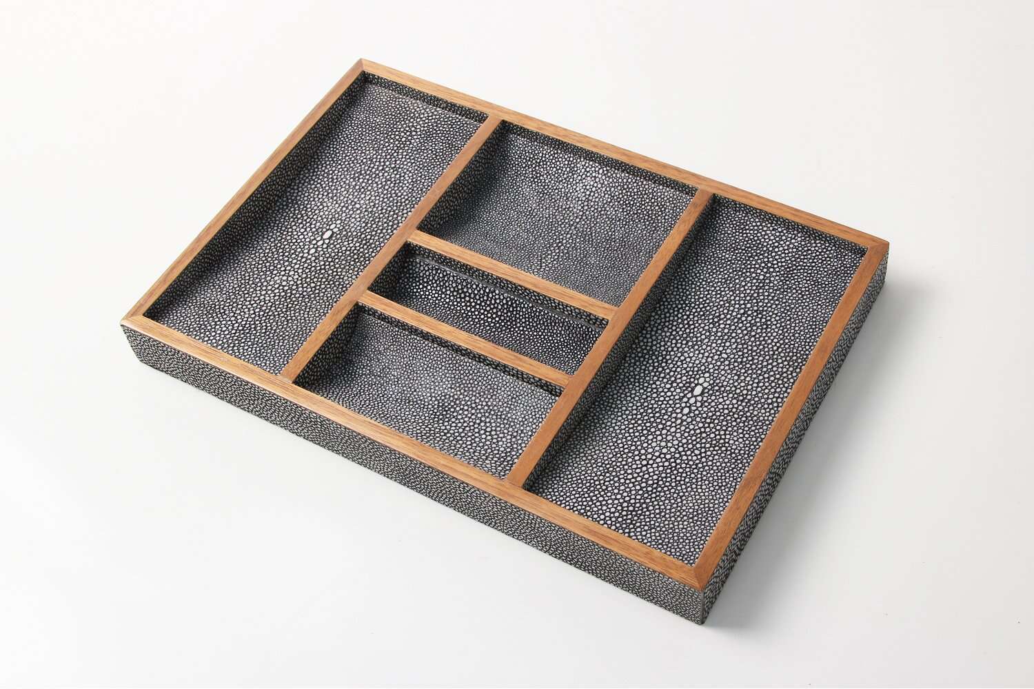 Charcoal faux shagreen valet tray by Forwood Design, 30 x 20 x 3 cm, styled on a desk
