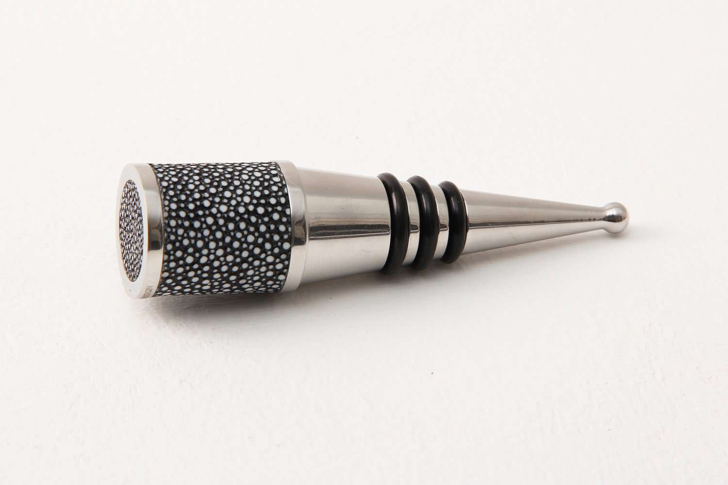 Charcoal faux shagreen bottle stopper by Forwood Design, 3 x 3 x 10 cm, top view