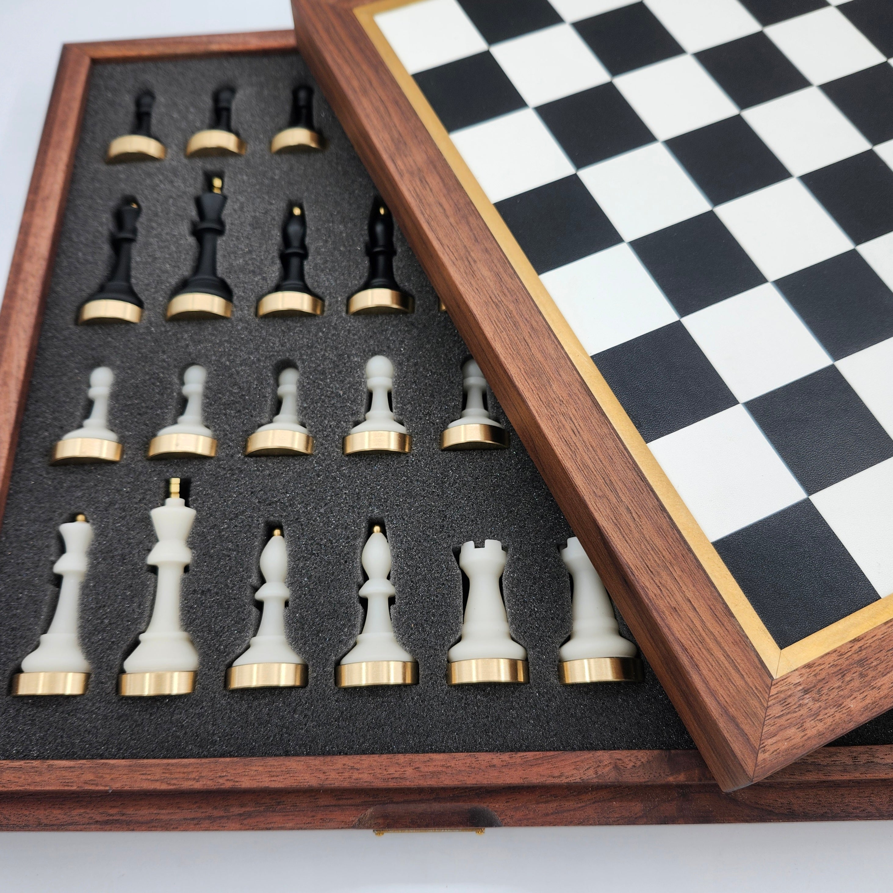 Luxury chess set with leather-covered bases