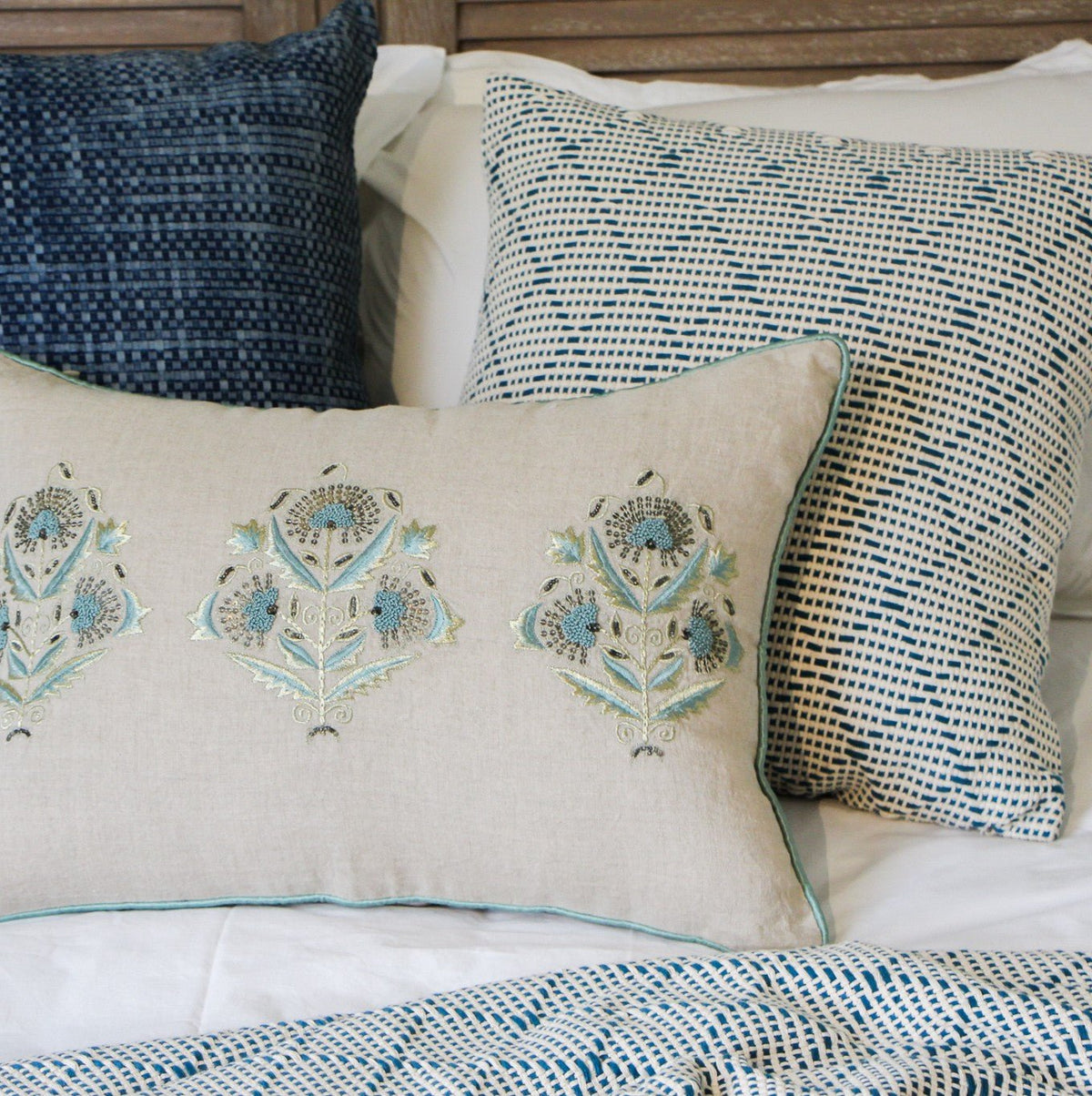 Blue Portuguese Sidewalk Cushion and Throw with 2 other cushions
