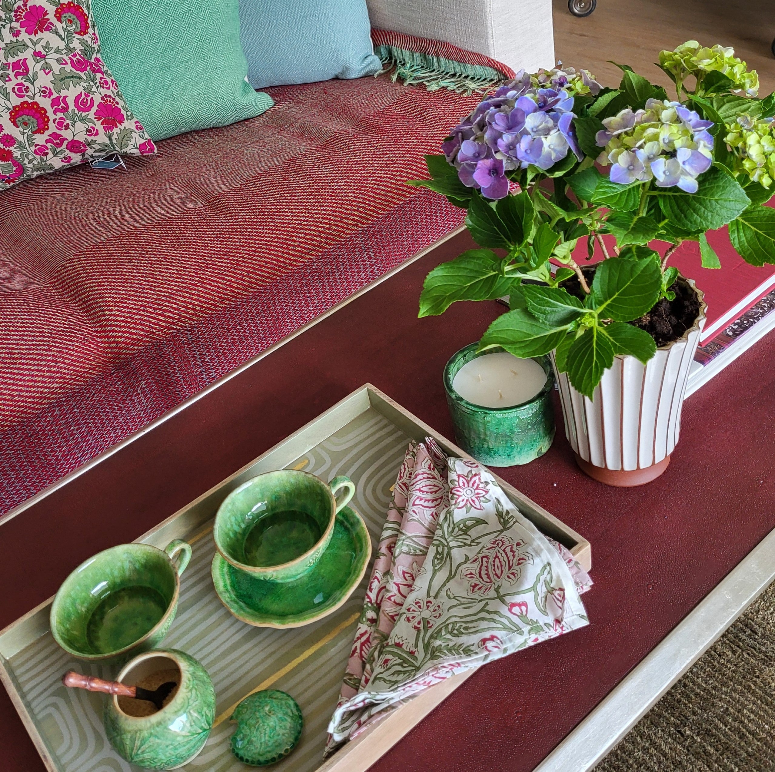 Red faux shagreen coffee table, 120 x 66 x 47 cm, handmade, styled in a room setting