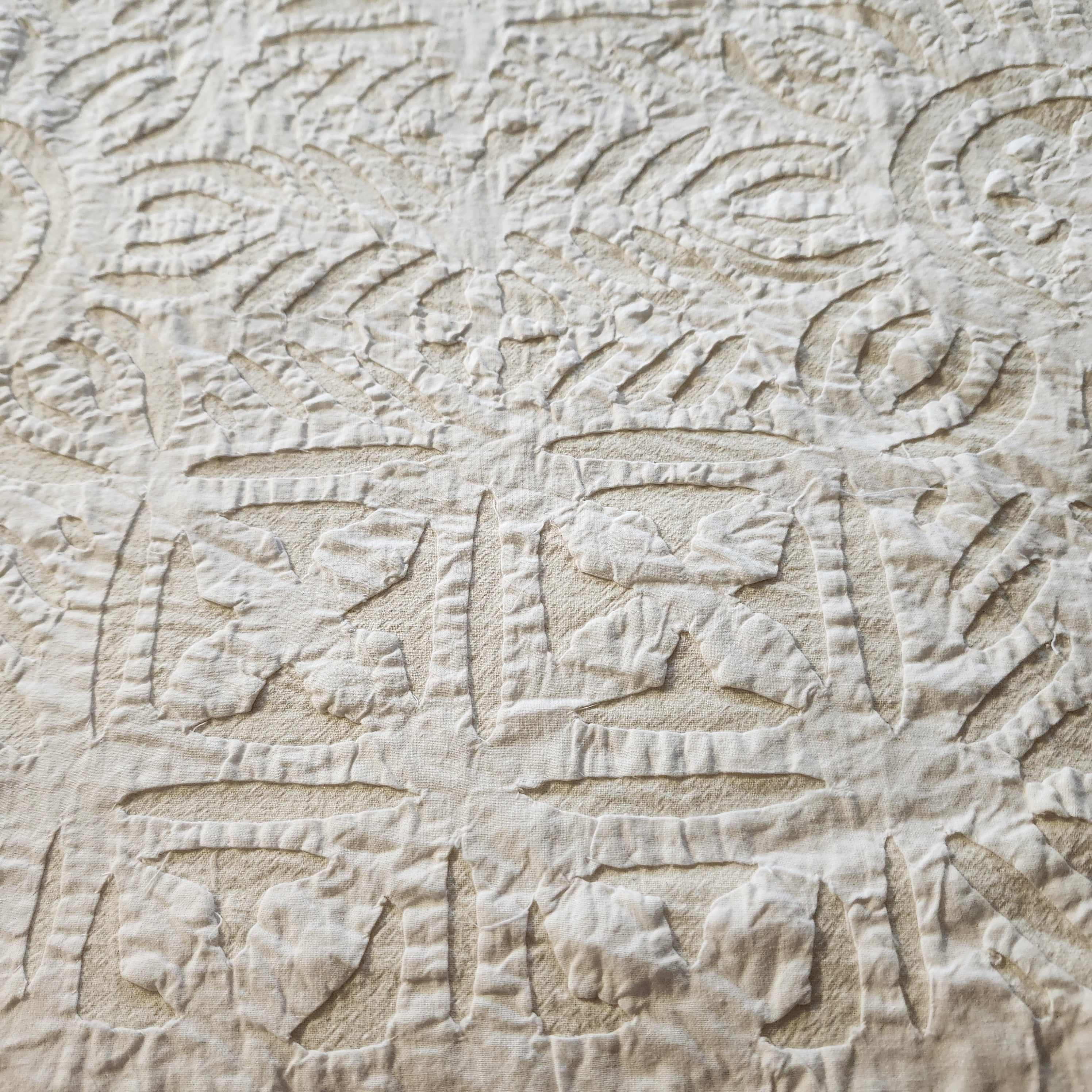 White cotton bedspread with applique cutwork, handmade in Jaipur