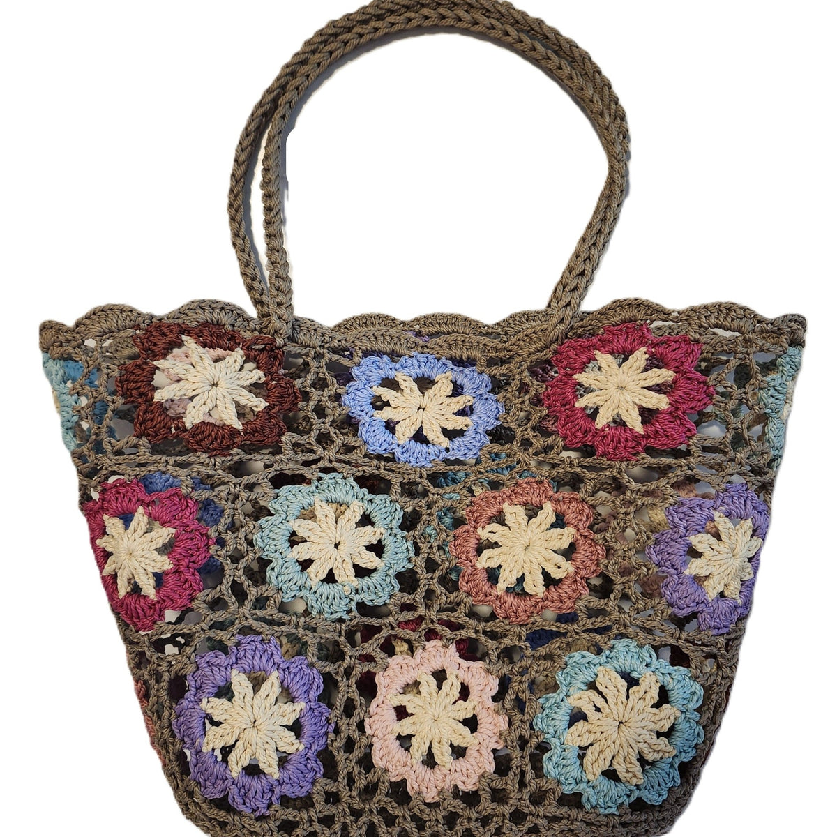 Handmade crochet beach bag in pastel and natural tones, made in Vietnam, 34cm high excluding the handles