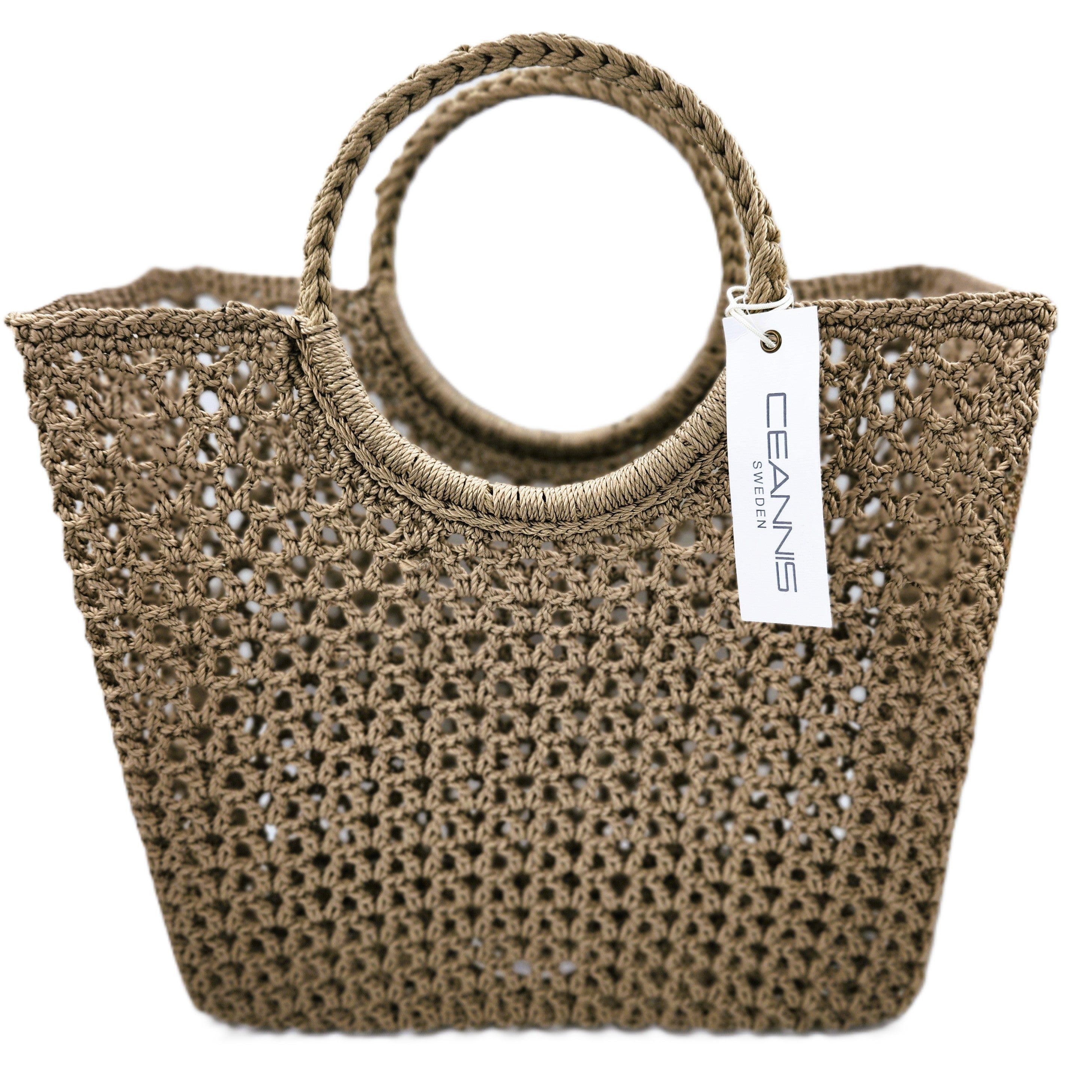 Crochet shoulder basket in taupe