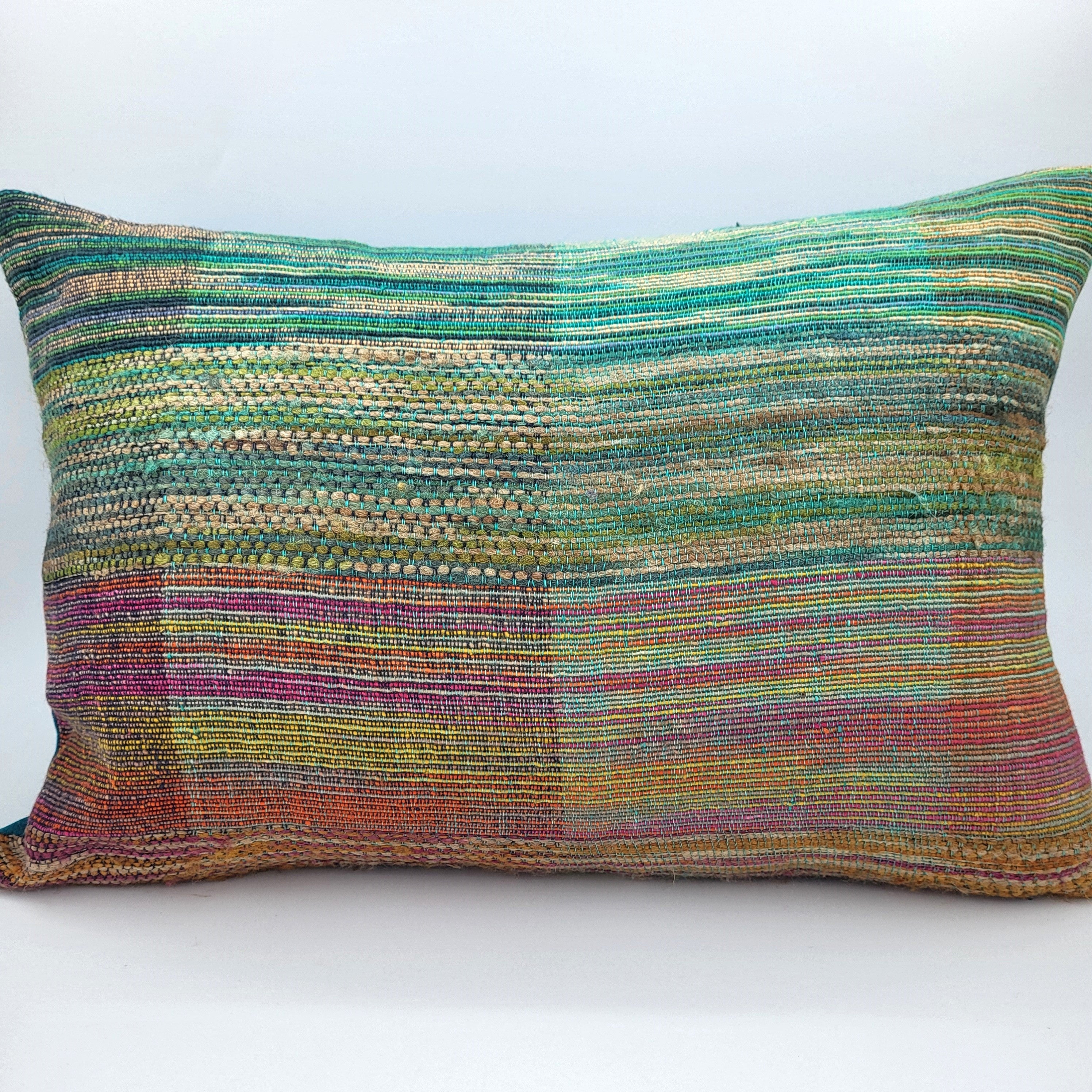 Handwoven Rainbow cushion in multicoloured linen and silk, 45 x 31 cm, India