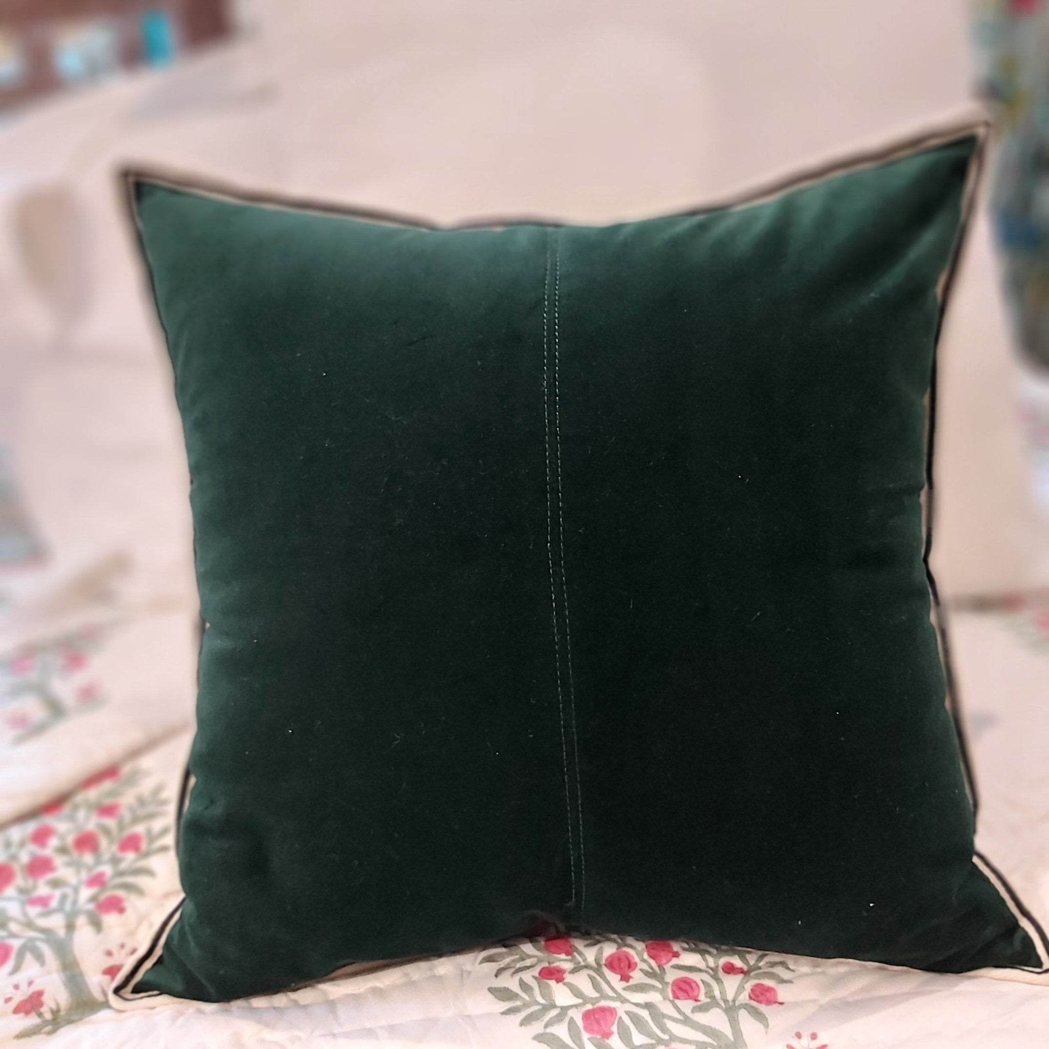 Dark green cotton velvet cushion cover with striped edge border by Ceannis, 50 x 50cm, machine washable