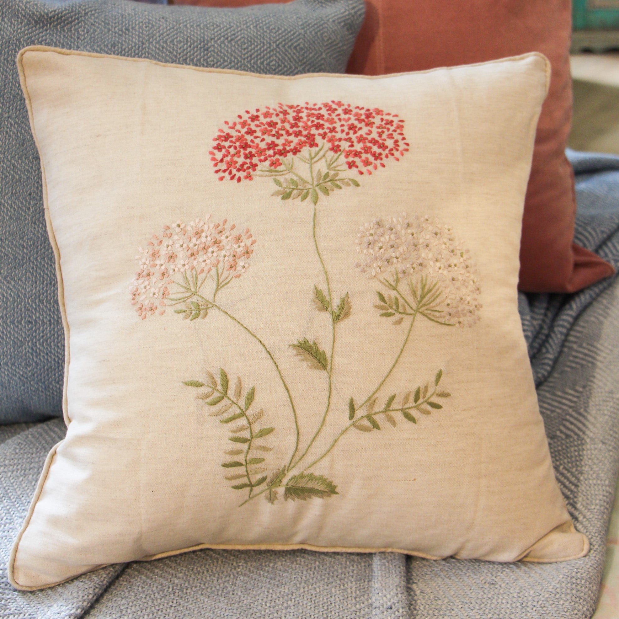 Linen cushion hand embroidered with spring blossom, 45 x 45 cm