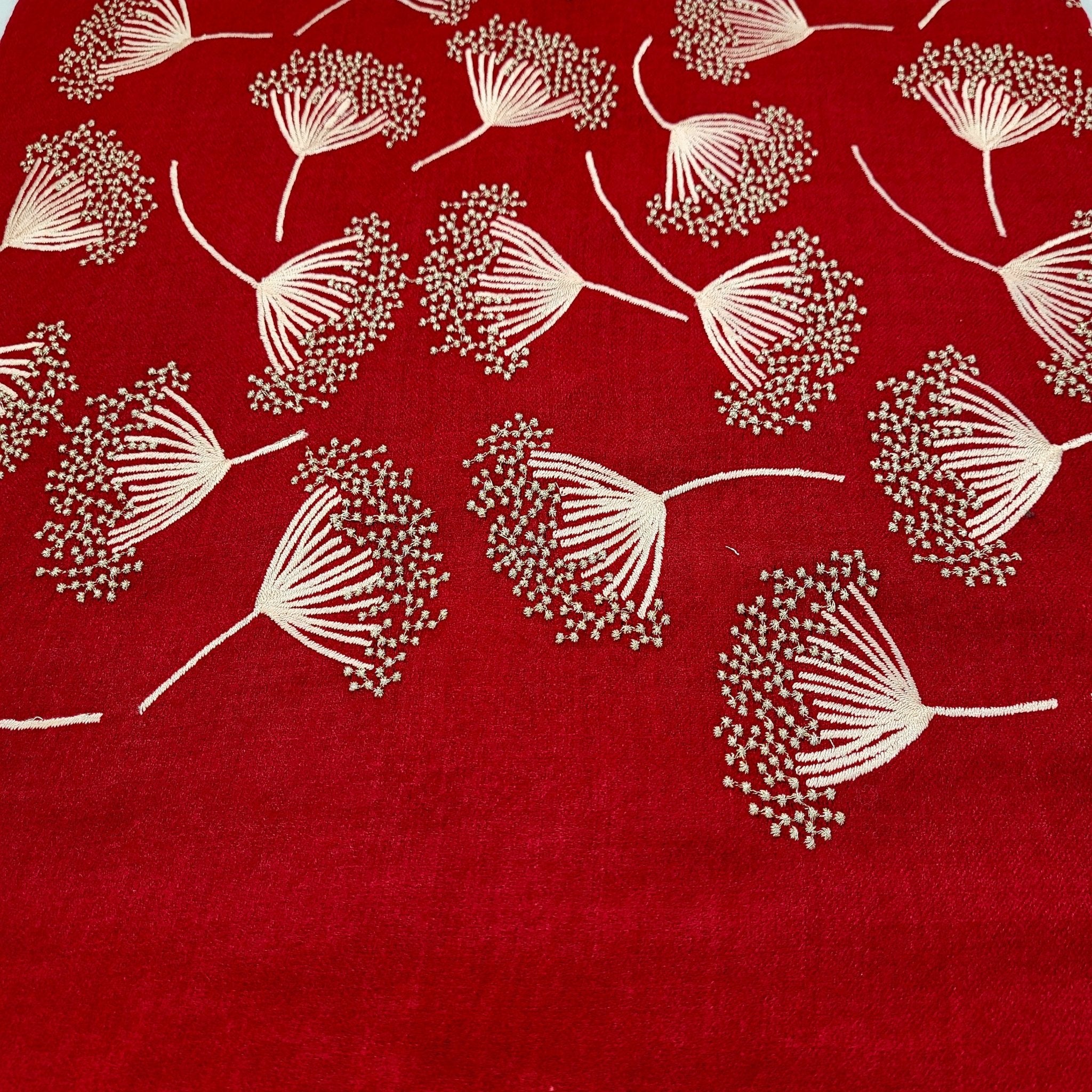 Dandelion embroidered pashmina in ruby, 75 x 210 cm, with all-over metallic thread motif