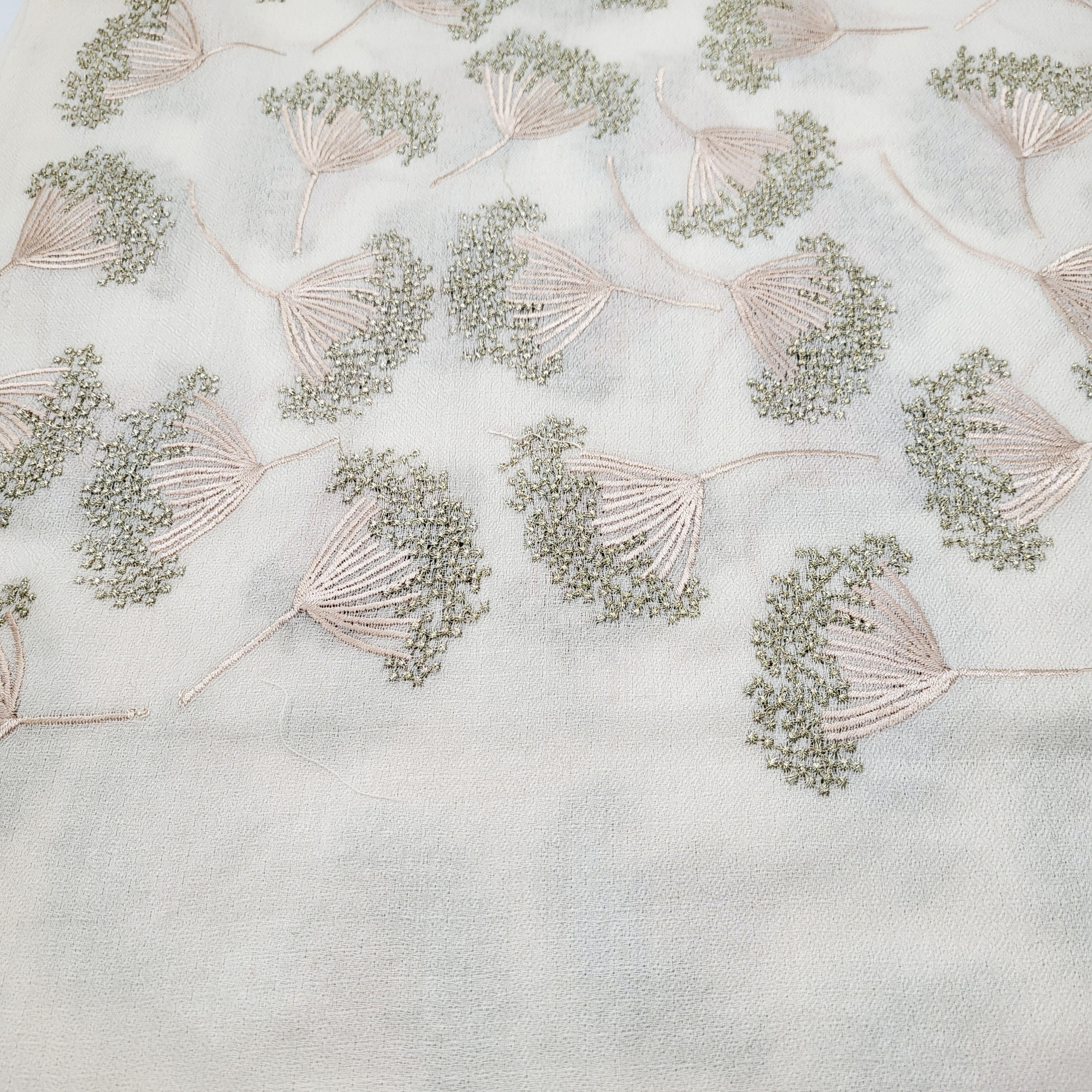 Dandelion embroidered pashmina in cream, 75 x 210 cm, with all-over metallic thread motif