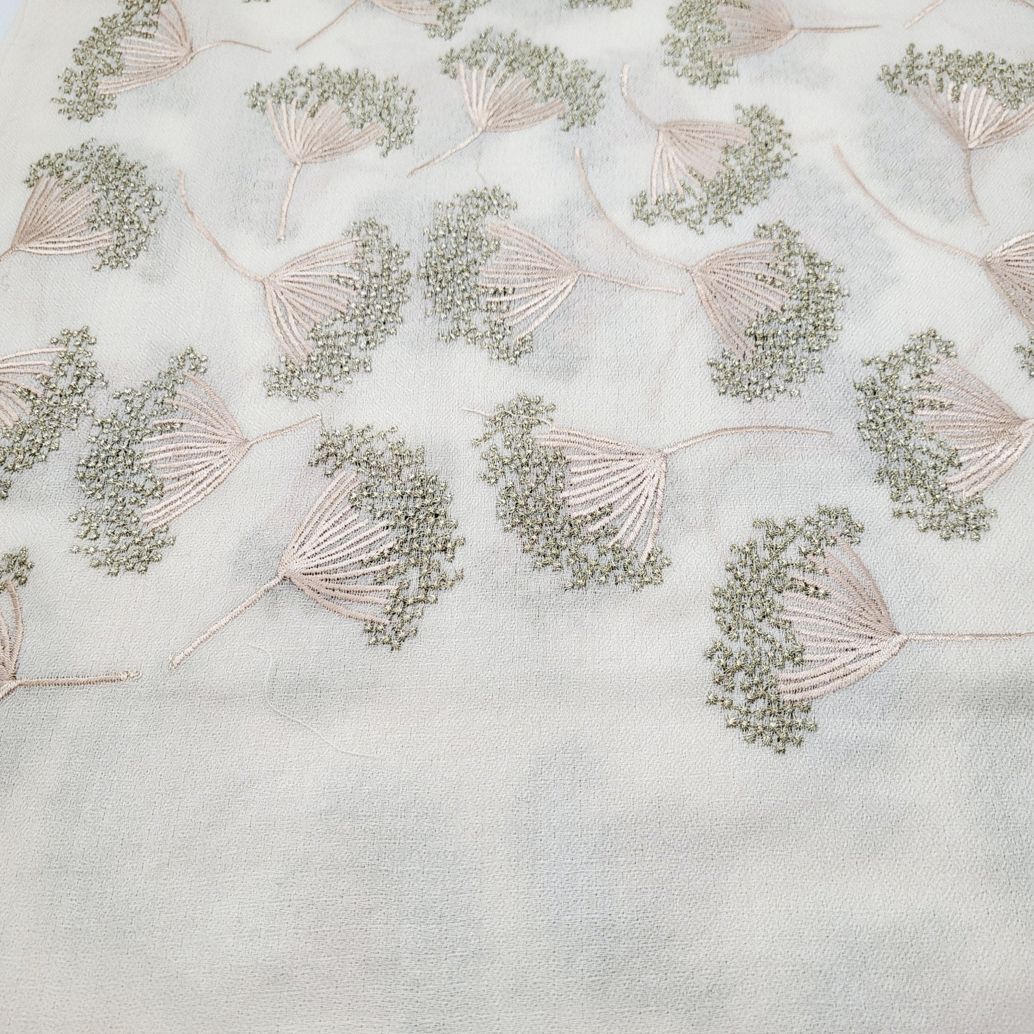 Dandelion embroidered pashmina in cream, 75 x 210 cm, with all-over metallic thread motif
