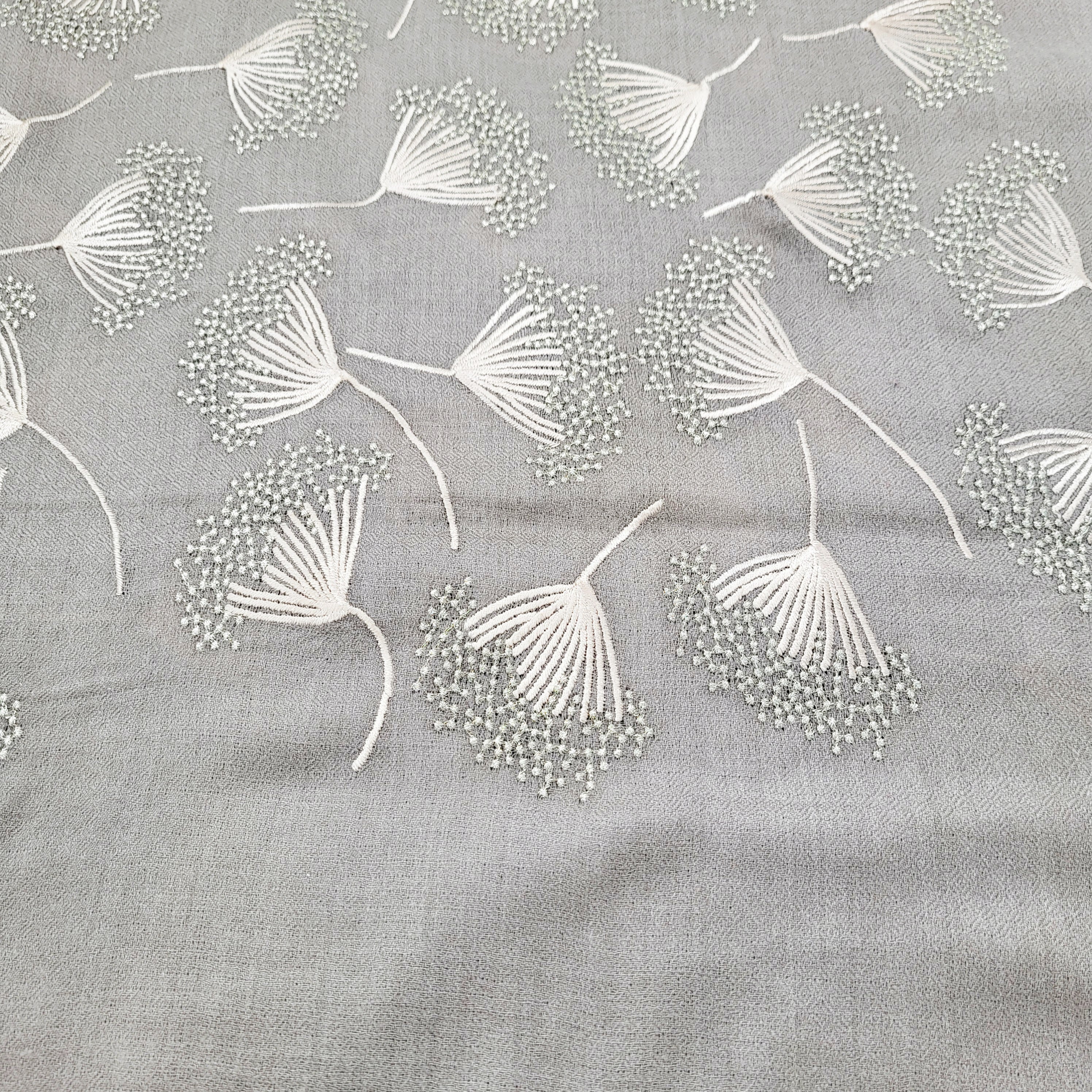 Dandelion embroidered pashmina in grey, 75 x 210 cm, with all-over metallic thread motif