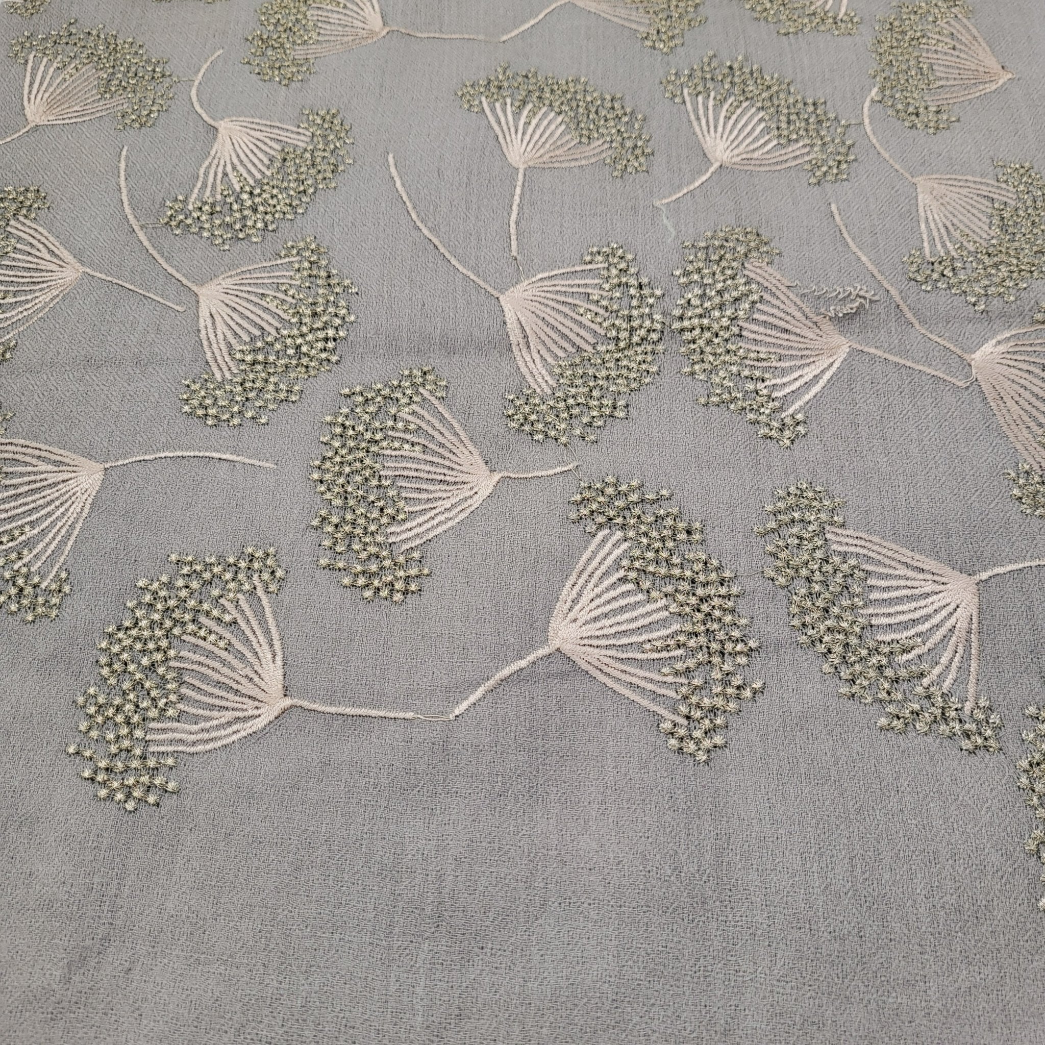 Dandelion embroidered pashmina in taupe, 75 x 210 cm, with all-over metallic thread motif