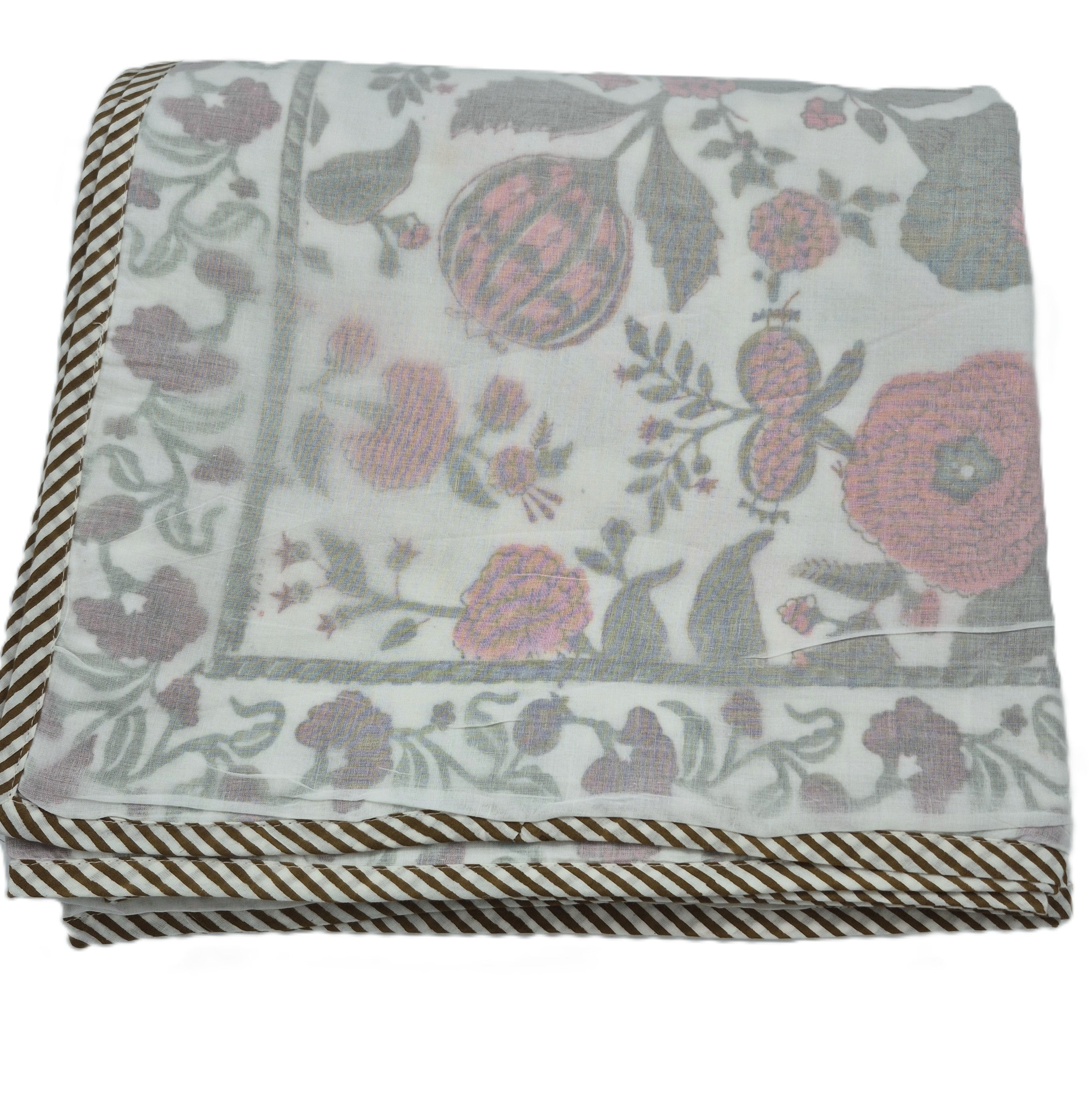 King cotton dohar blanket with a block-print pomegranate design, 270 x 270 cm, made in India