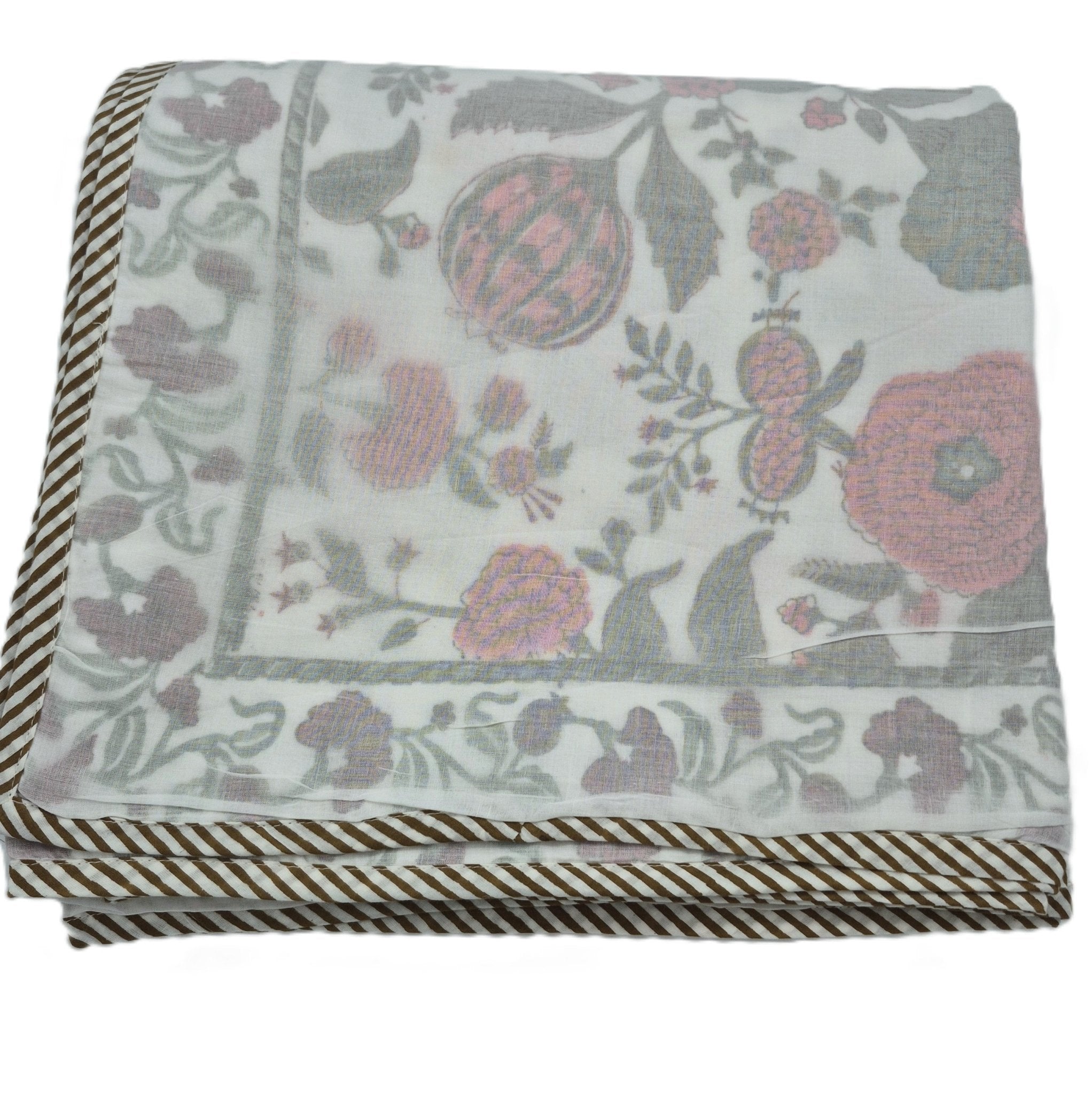 King cotton dohar blanket with a block-print pomegranate design, 270 x 270 cm, made in India