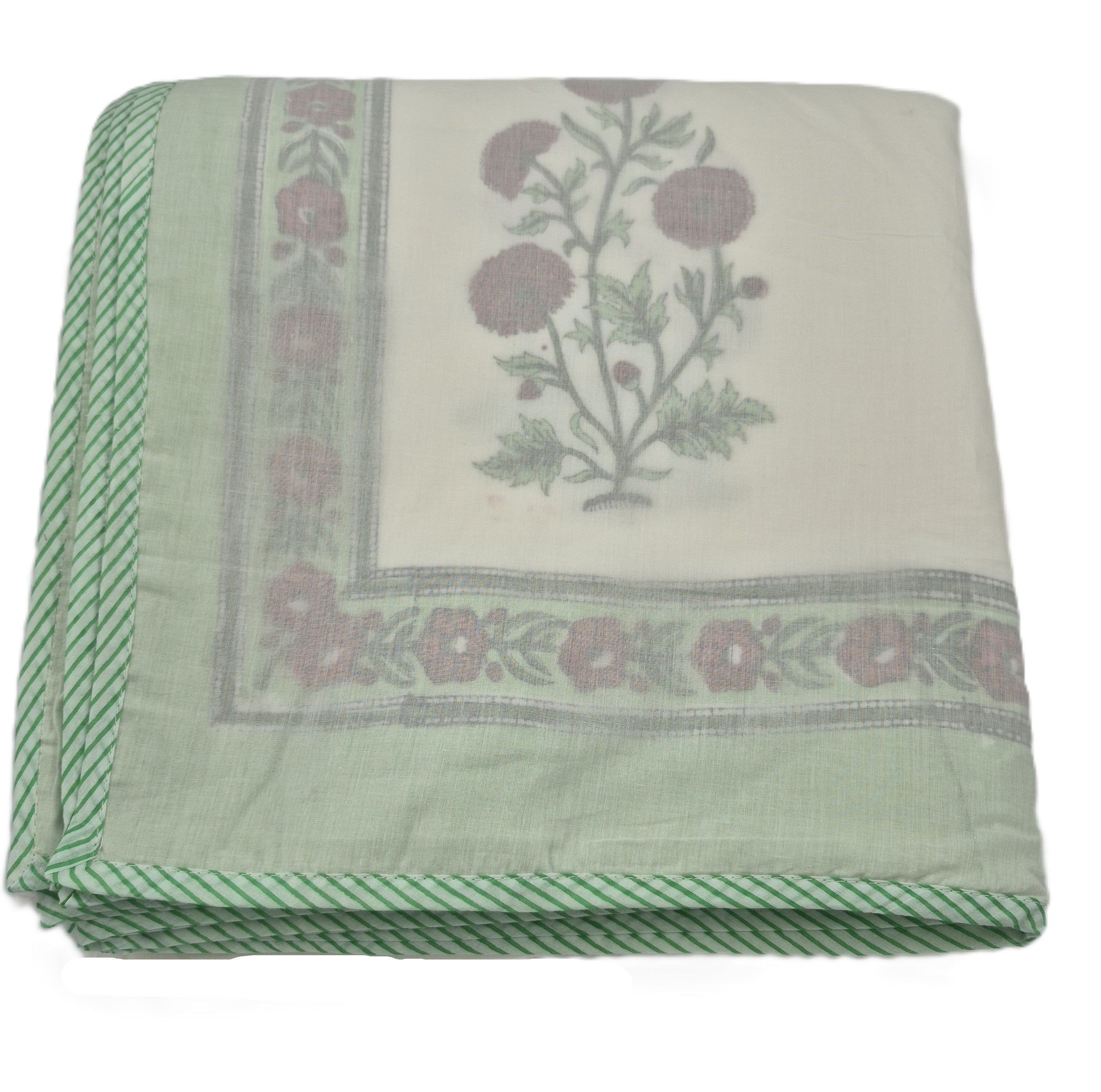 King cotton dohar blanket with a block-print poppies design, 270 x 270 cm, a light alternative to a duvet