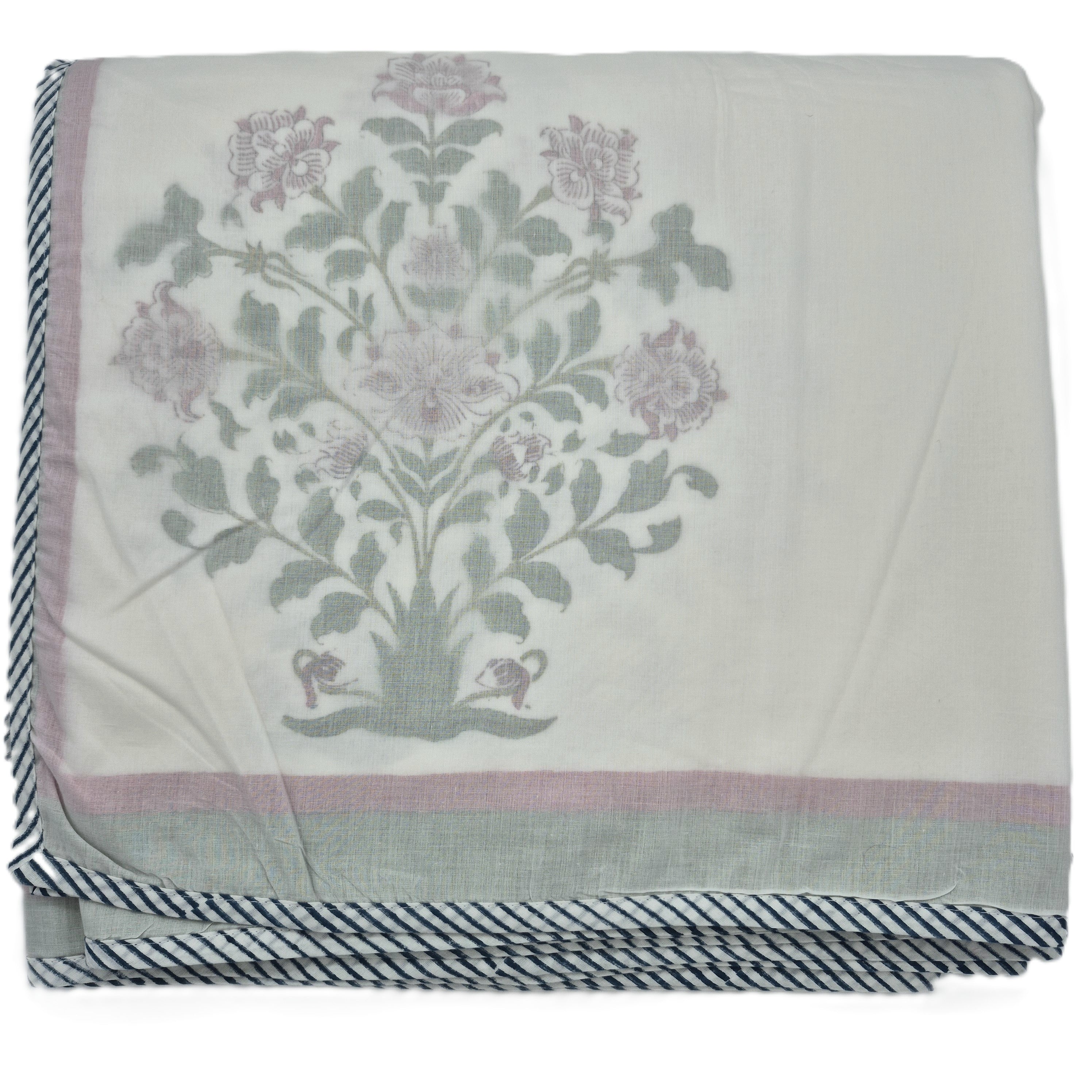 Queen block-print cotton dohar blanket with a flowers design, 225 x 270 cm, machine washable, made in India