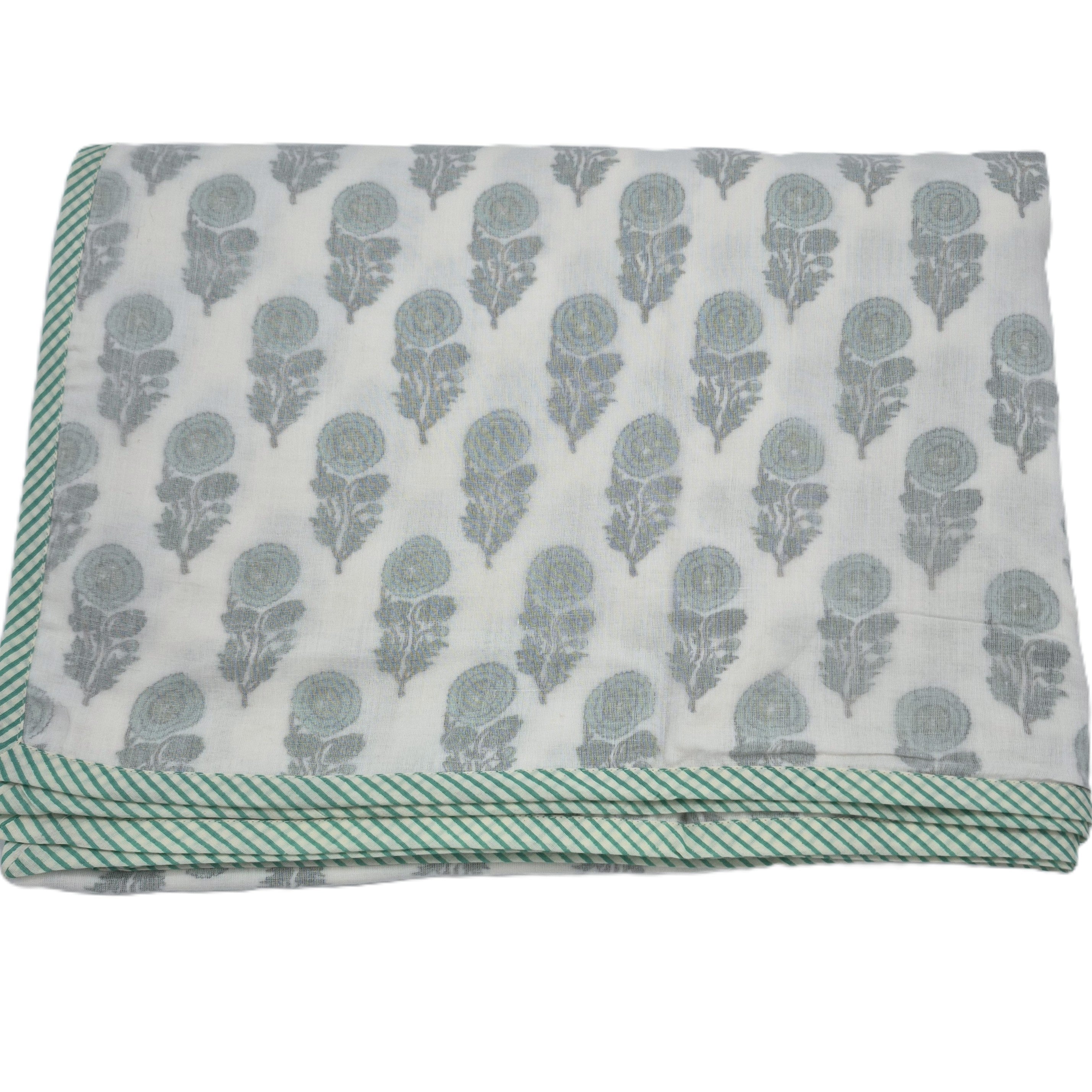 Single block-print cotton dohar blanket with a blue flower print, 150 x 225 cm, soft and machine washable