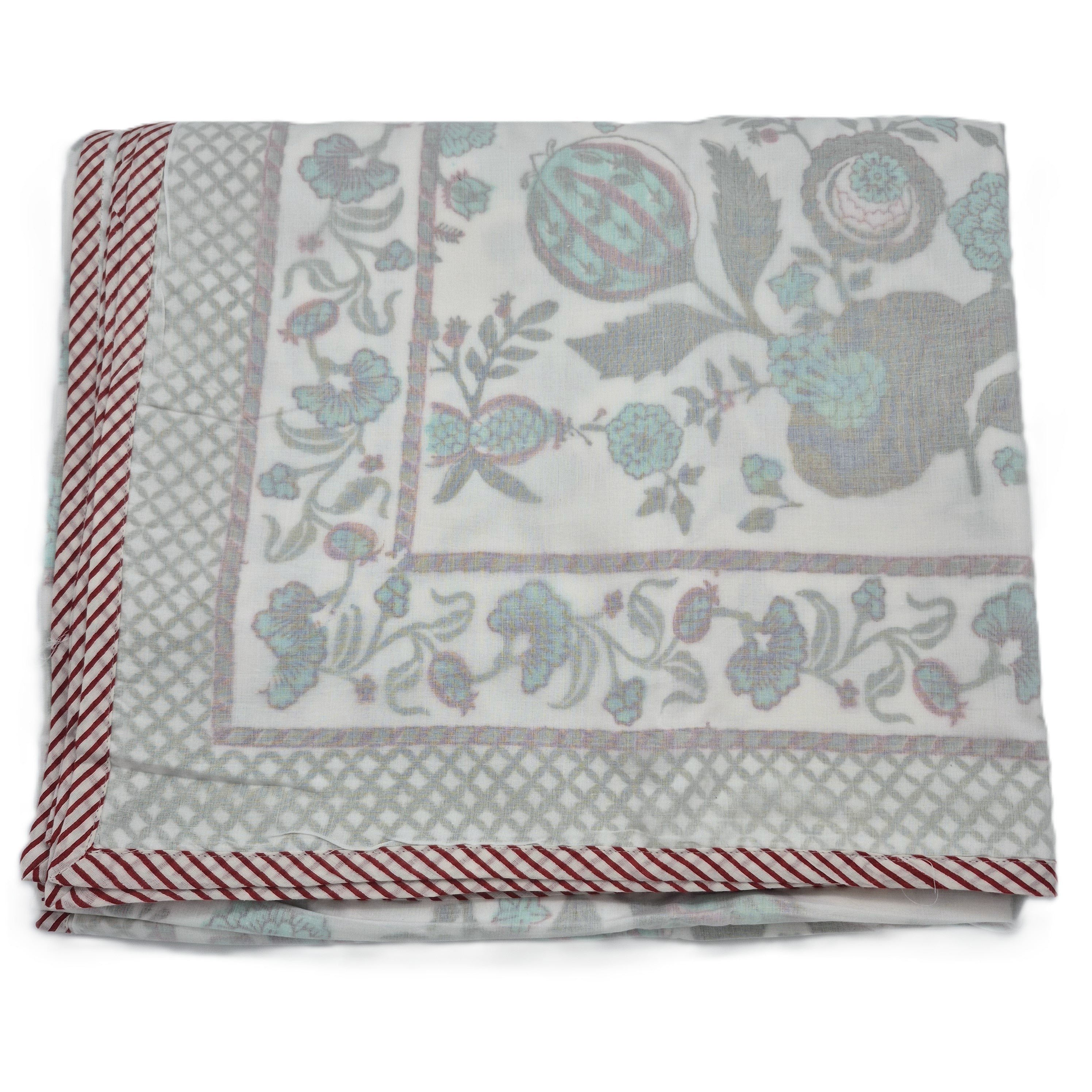 Single cotton dohar blanket with a block-print pomegranate design, 150 x 225 cm, a light alternative to a duvet