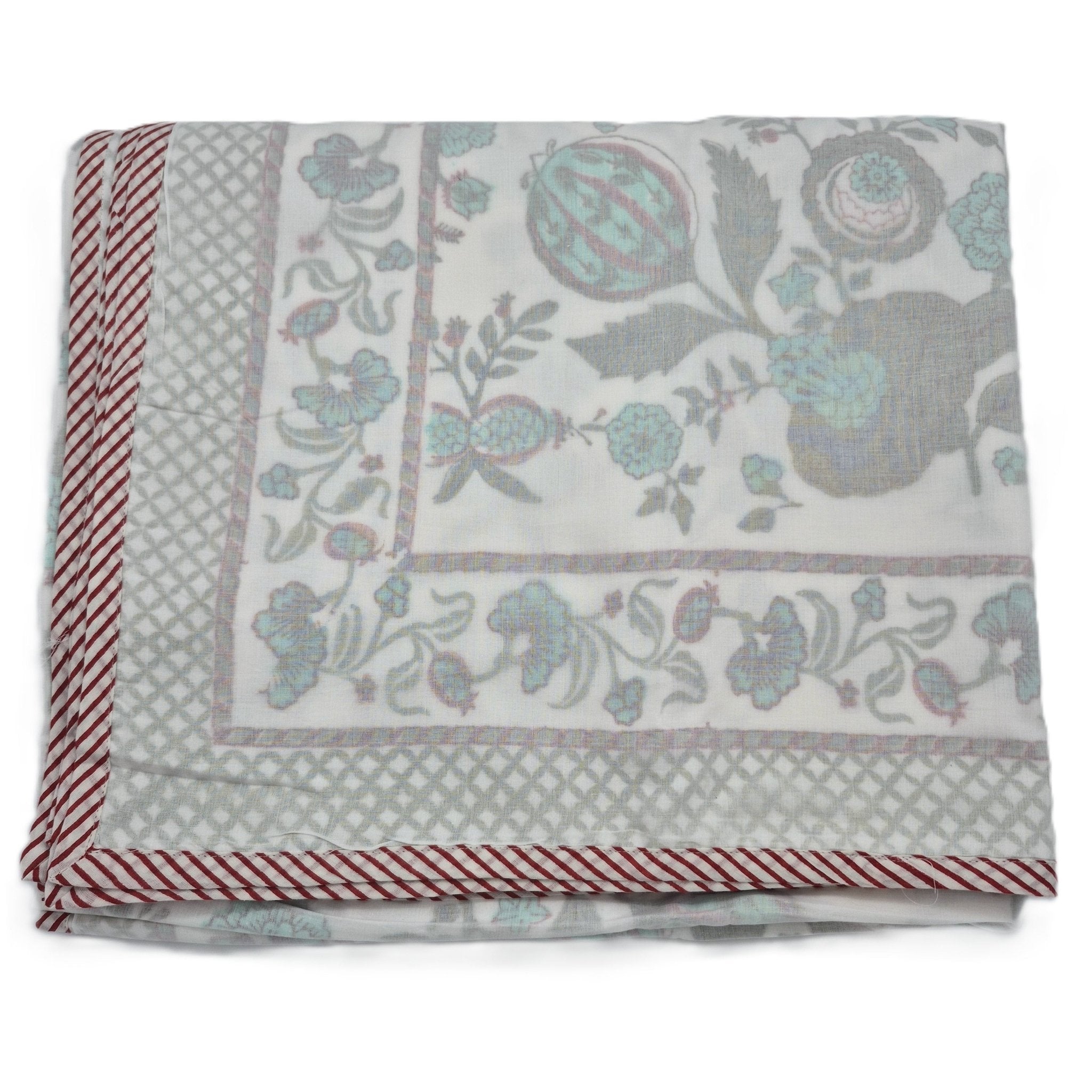 Single cotton dohar blanket with a block-print pomegranate design, 150 x 225 cm, a light alternative to a duvet