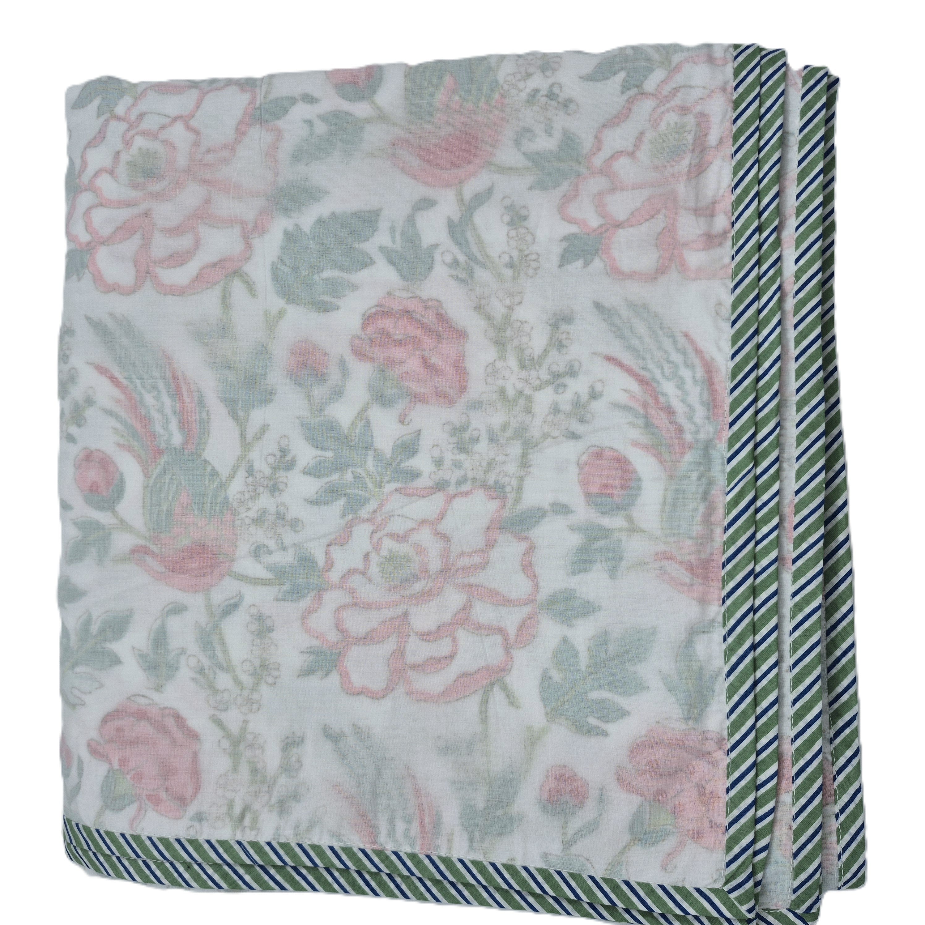 Queen block-print cotton dohar blanket with a wild rose print, 225 x 270 cm, lightweight voile layers
