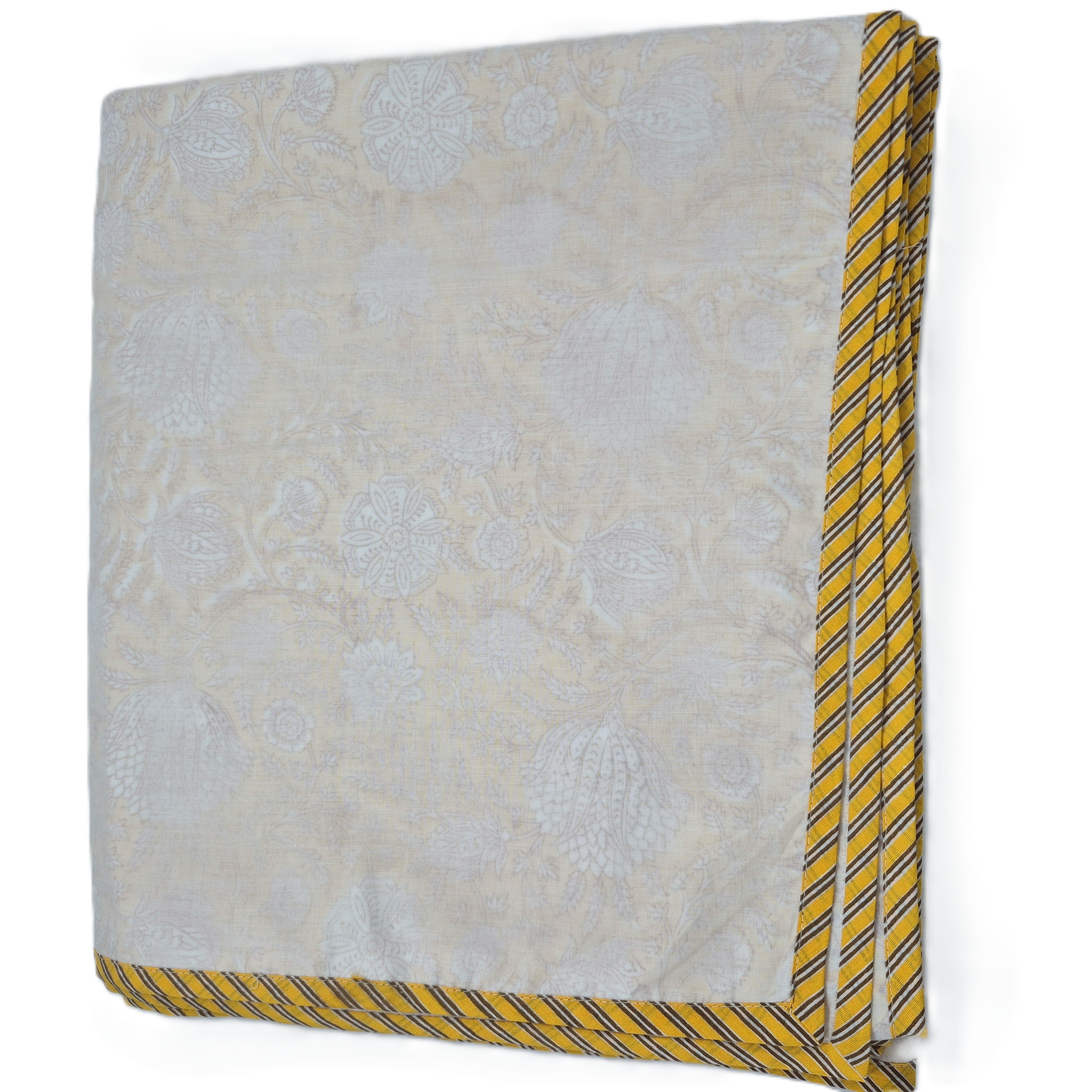 Queen block-print cotton dohar blanket in yellow, 225 x 270 cm, a light alternative to a duvet