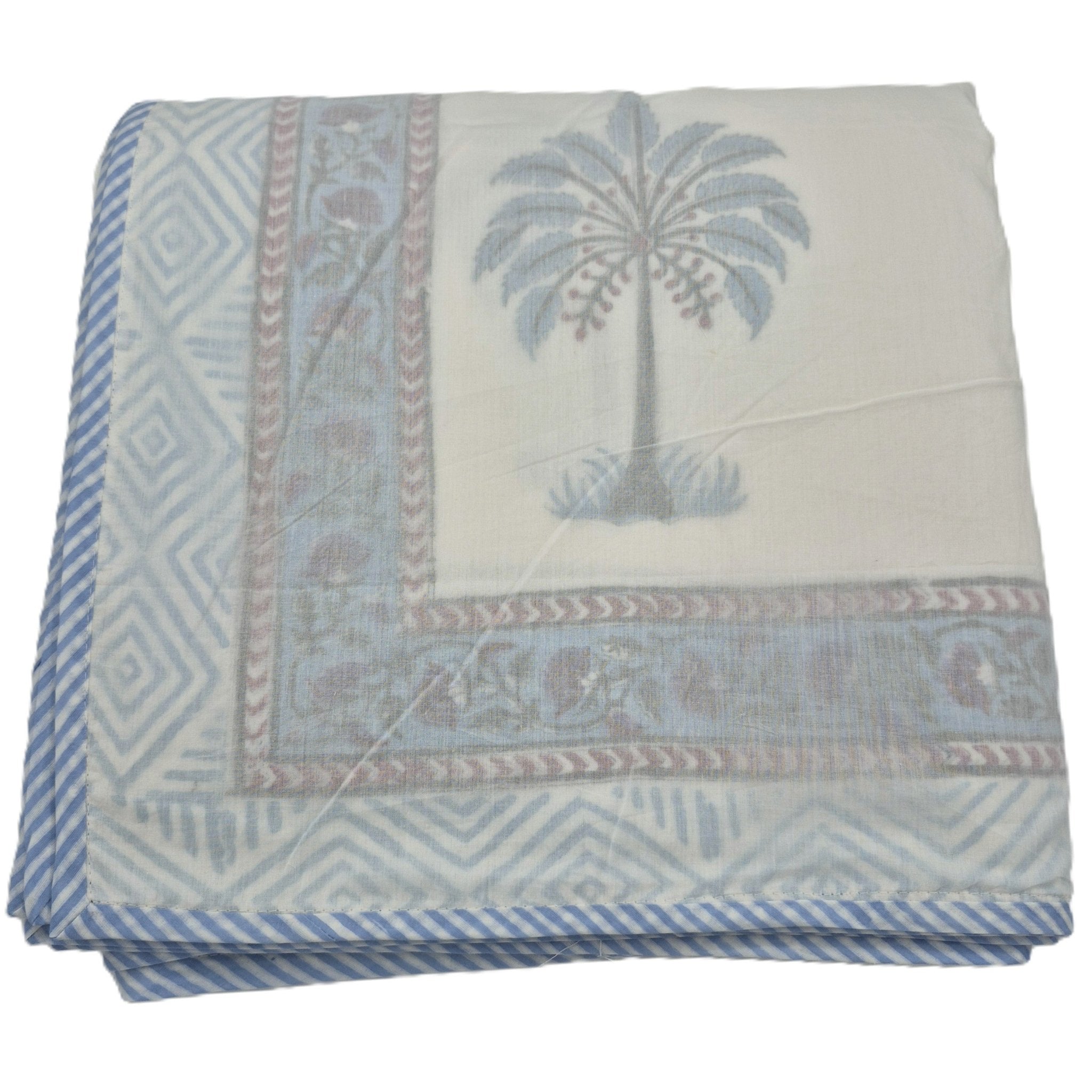 King block-print cotton dohar blanket with a palm-leaf design in blue, 270 by 270 cm, made in India