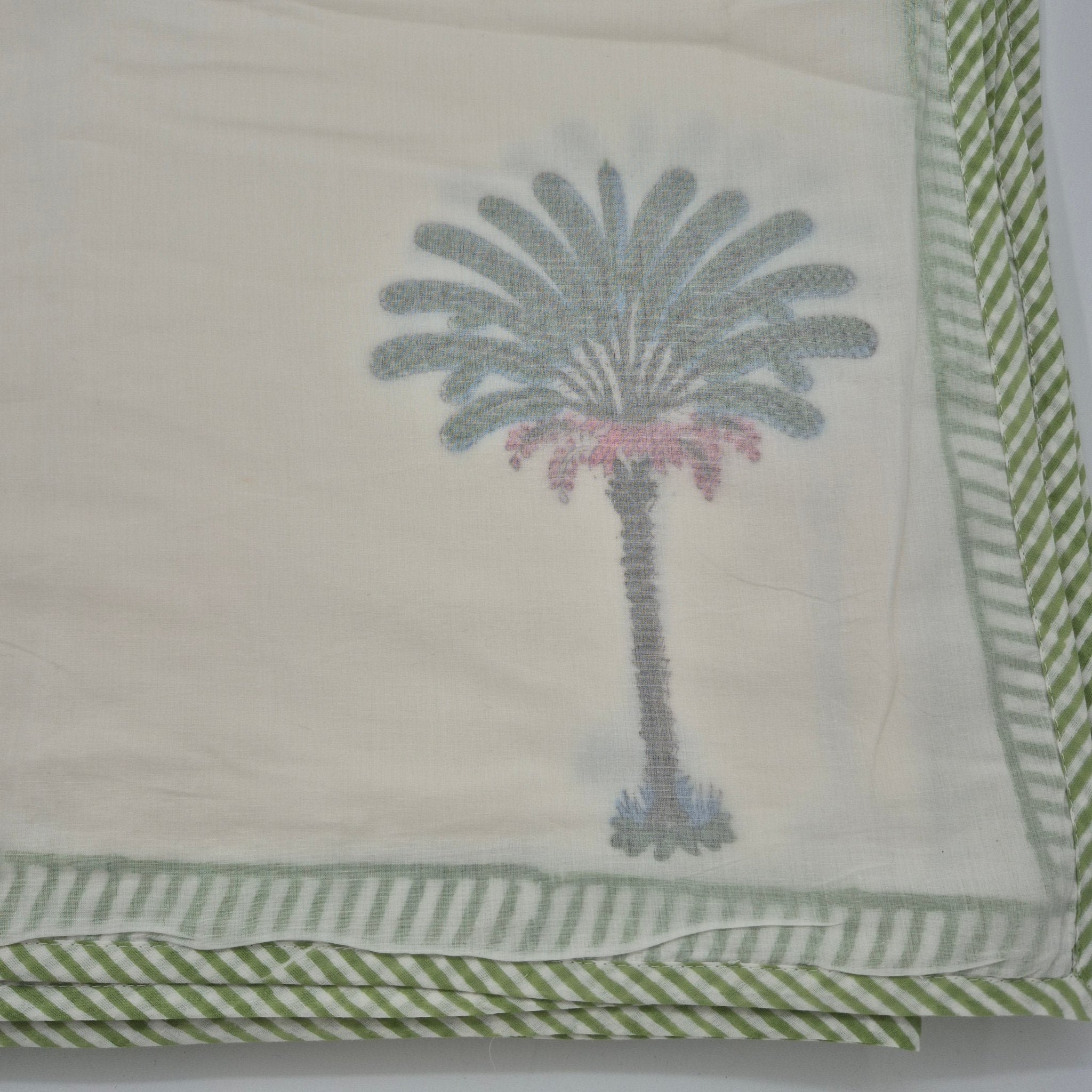 Palm-leaf block-print cotton dohar blanket, lightweight alternative to a duvet, 270 by 270 cm