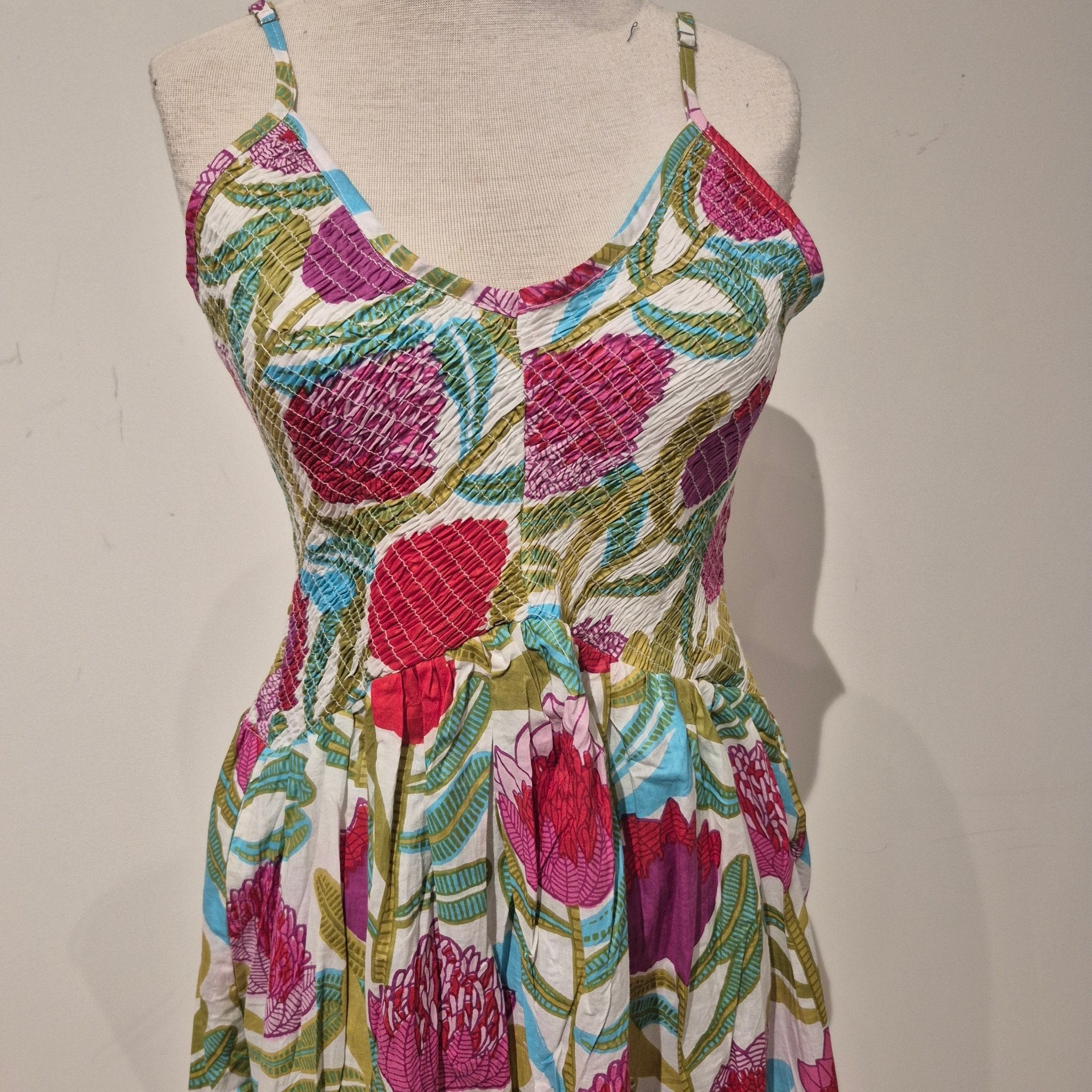 Block printed cotton sundress, elasticated bodice, assorted print