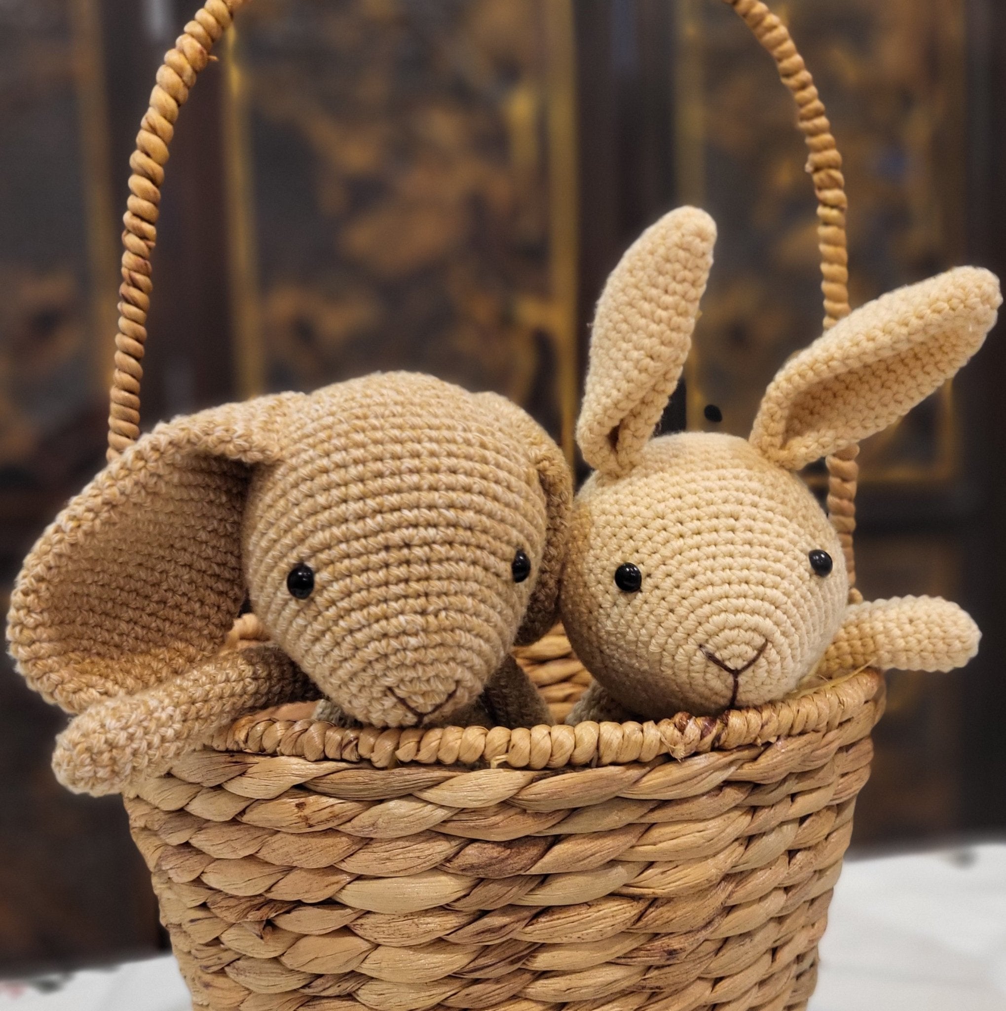 Seagrass basket styled with Easter decorations, handwoven natural seagrass