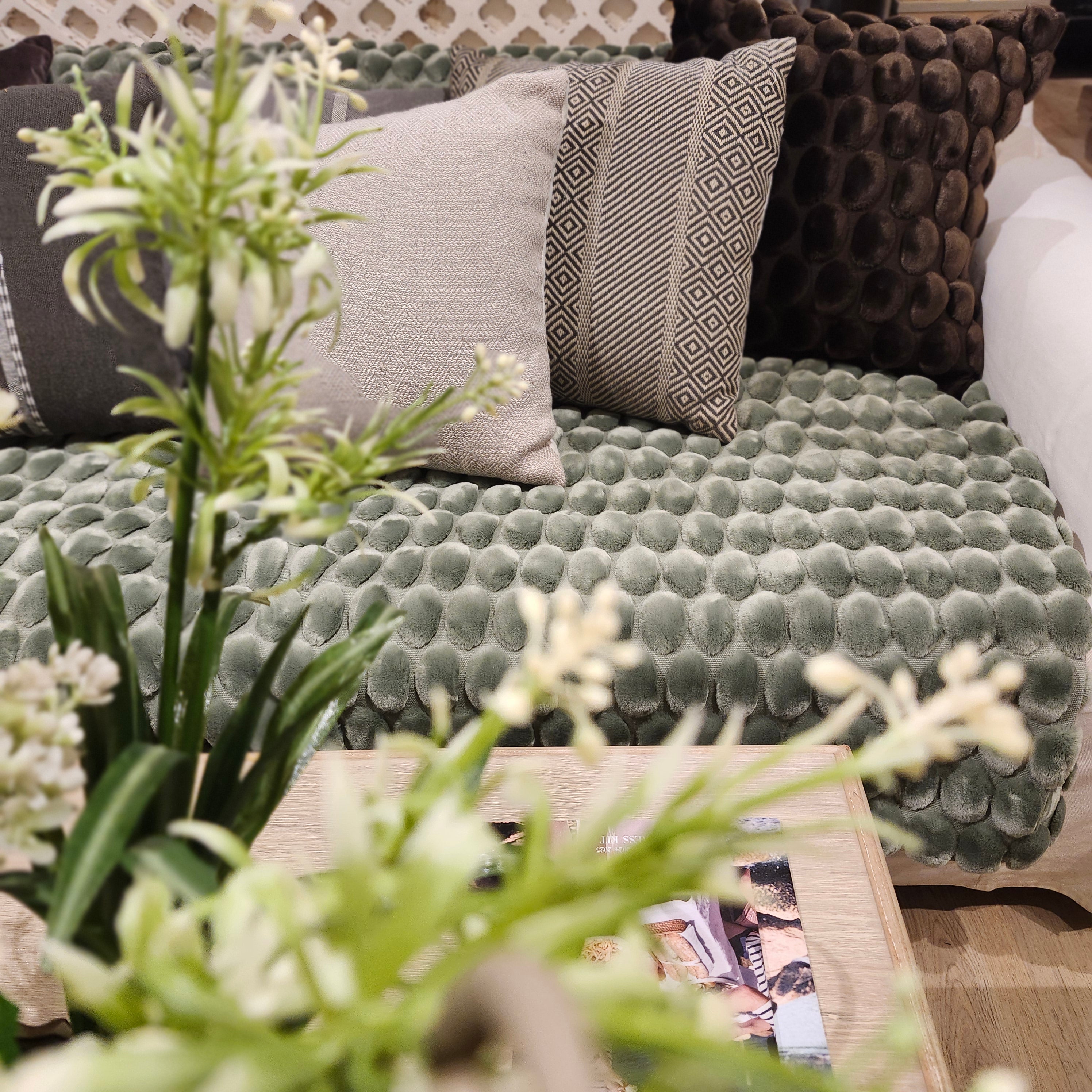 Green Egg Velvet Throw by Ceannis, 130 x 170 cm, draped to show eggshell pattern detail