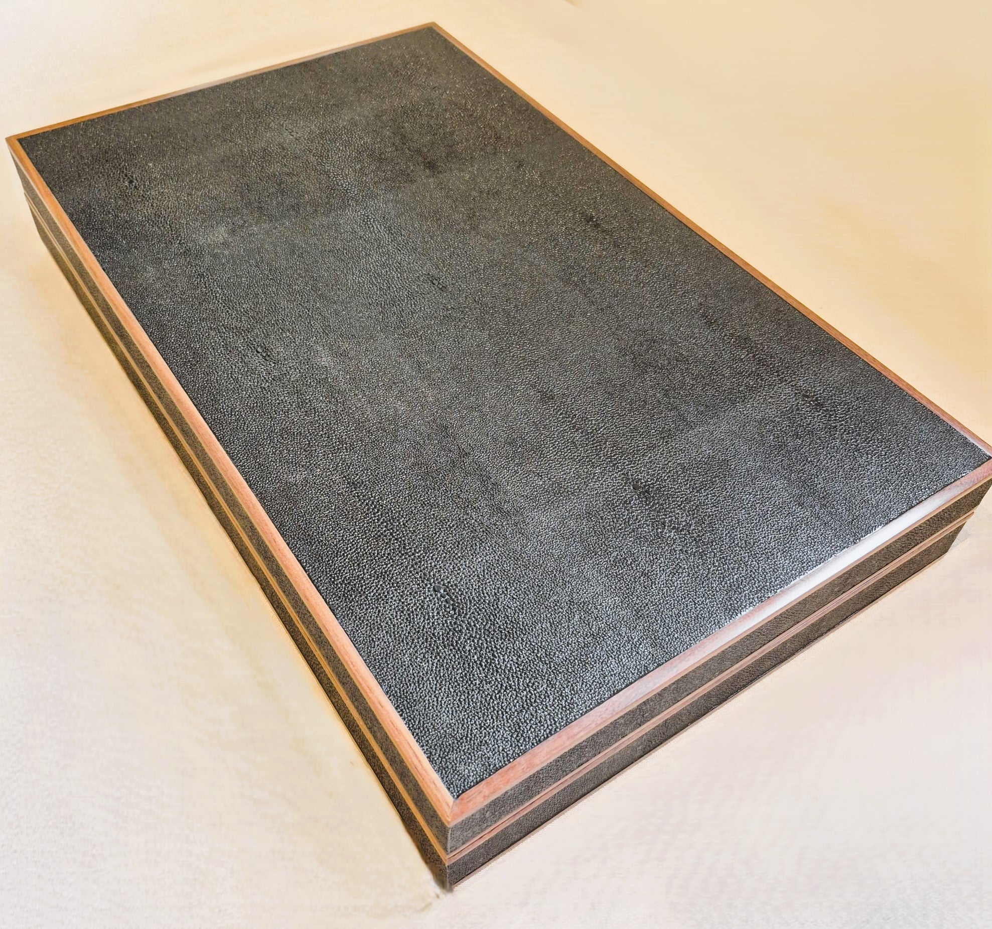 Faux shagreen backgammon board in black, 54 x 34 x 8 cm, walnut and rosewood playing surface, Forwood Design