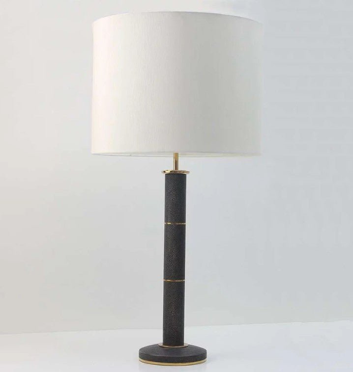 Column table lamp in seal brown faux shagreen by Forwood Design, 40 x 40 x 78 cm with cream drum shade