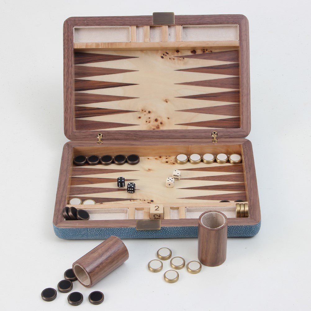 Blue faux shagreen travel backgammon set, 25.5 x 17 x 5 cm, open showing mappa burl playing surface
