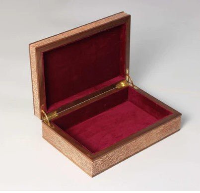 Coral faux shagreen treasure box by Forwood Design, open showing crimson suede lining