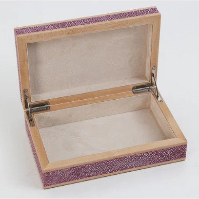Pink faux shagreen treasure box by Forwood Design, open showing cream suede lining