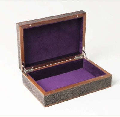 Seal brown faux shagreen treasure box by Forwood Design, open showing imperial purple suede lining