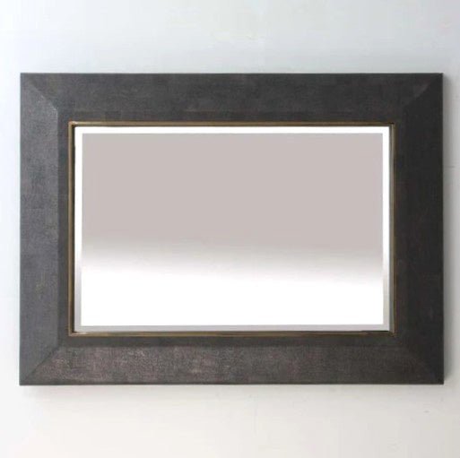 Rectangular mirror with a brown faux shagreen frame with brass trim