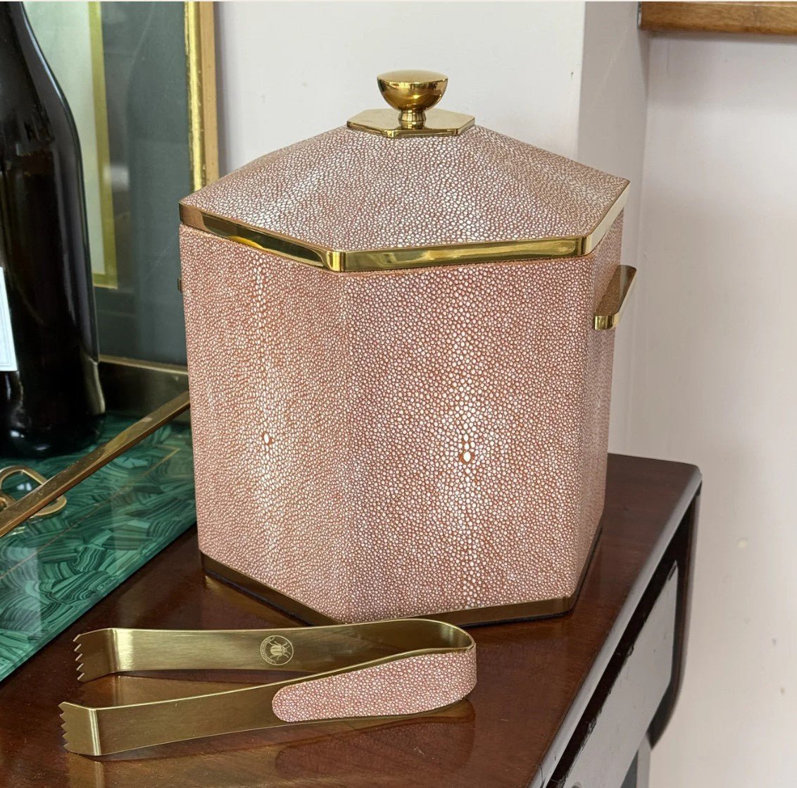 Otis ice bucket in coral faux shagreen by Forwood Design, 18 x 20 x 21 cm, brass handles