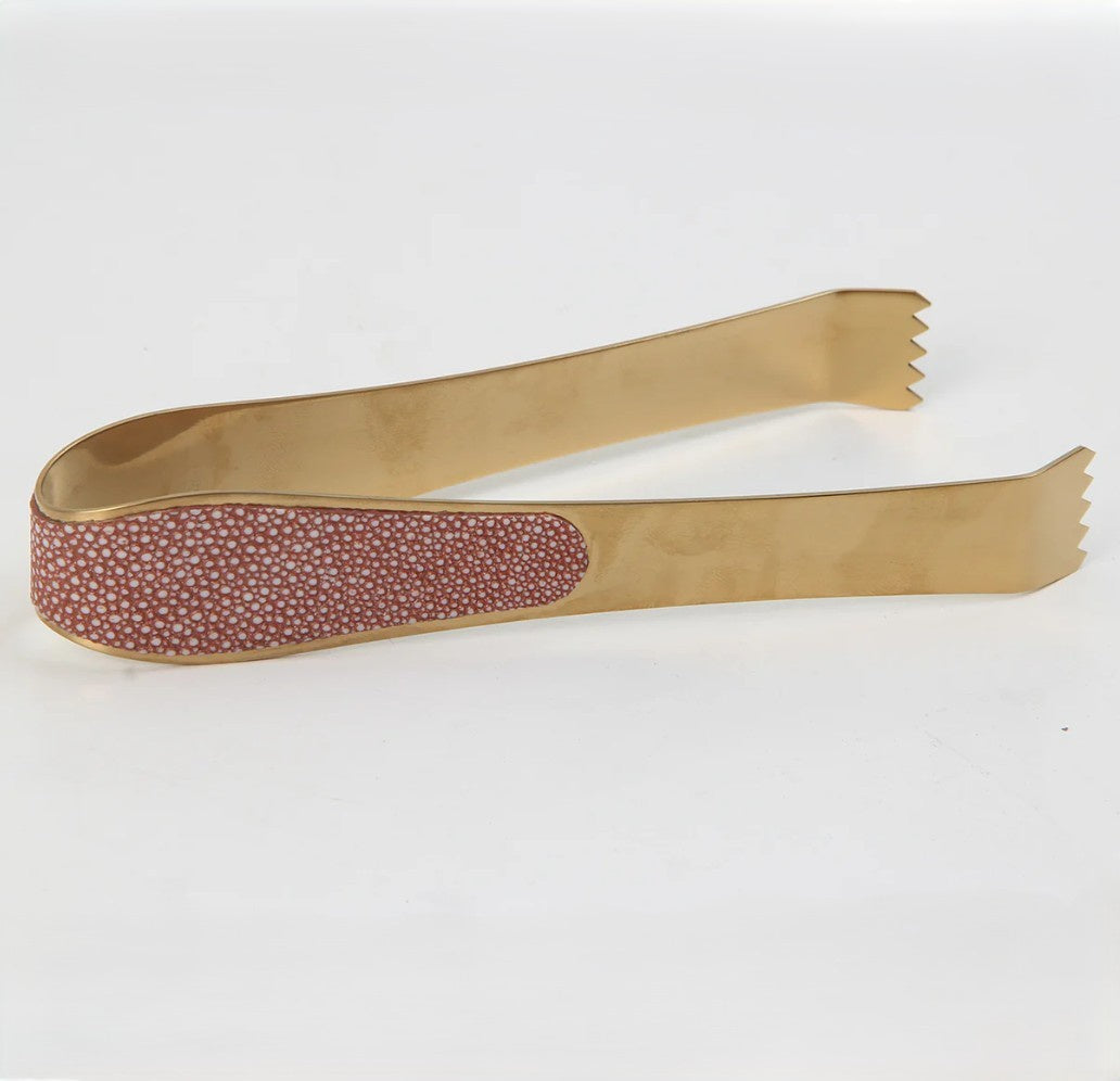 Faux shagreen ice tongs in coral by Forwood Design, brass-plated stainless steel